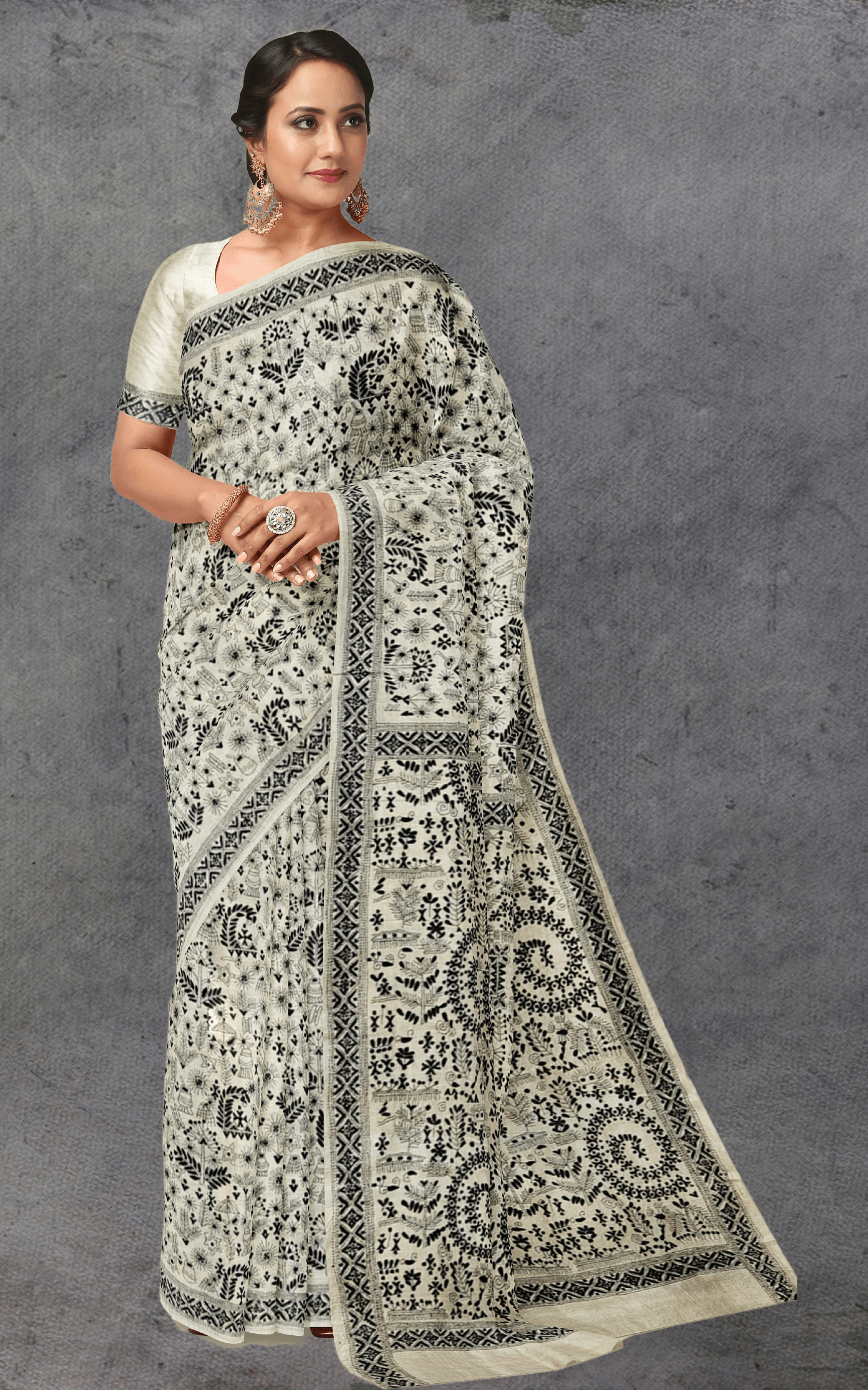 Divasutra Beige and Black Tussar Silk Kantha Saree