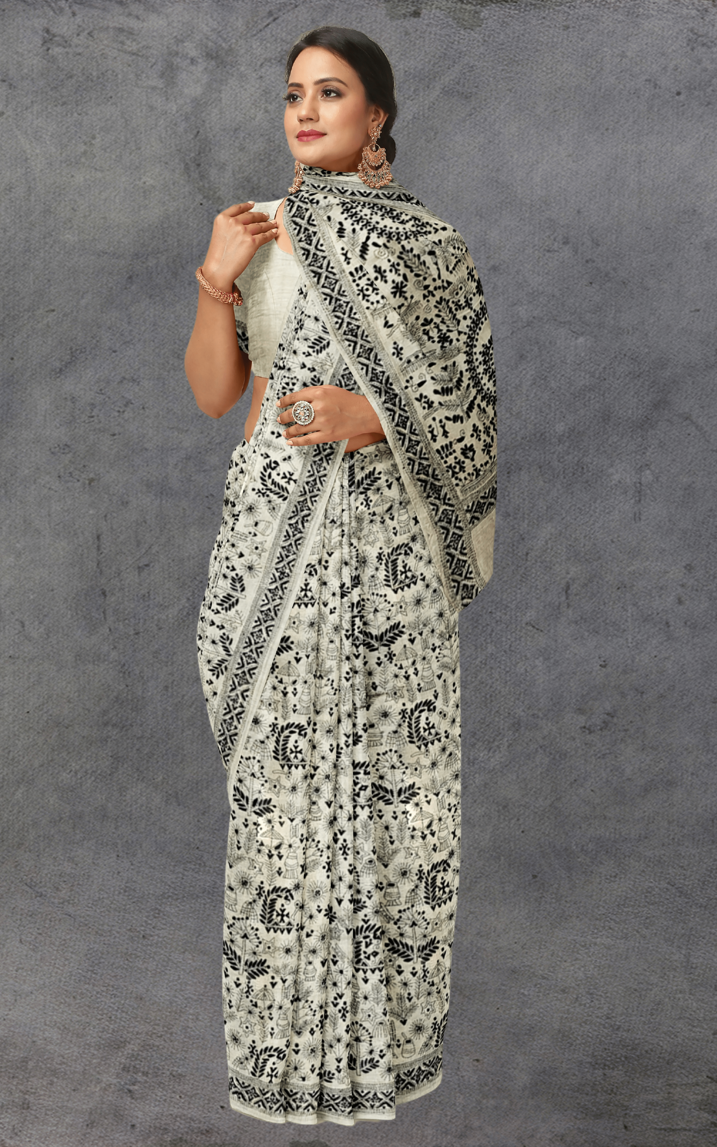 Divasutra Beige and Black Tussar Silk Kantha Saree