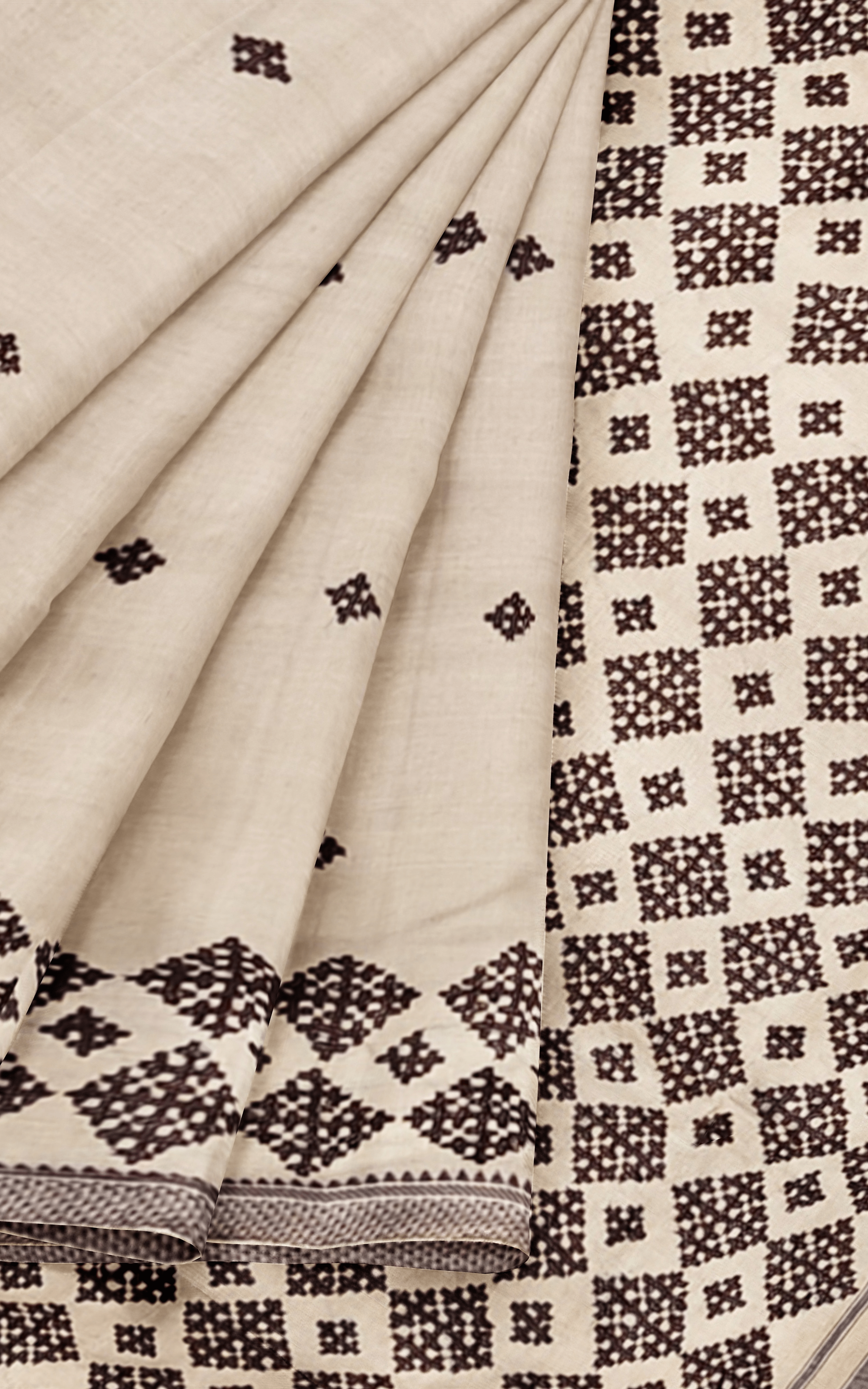 Divasutra Beige and Dark Brown Vidharbha Tussar Silk Phulkari Saree
