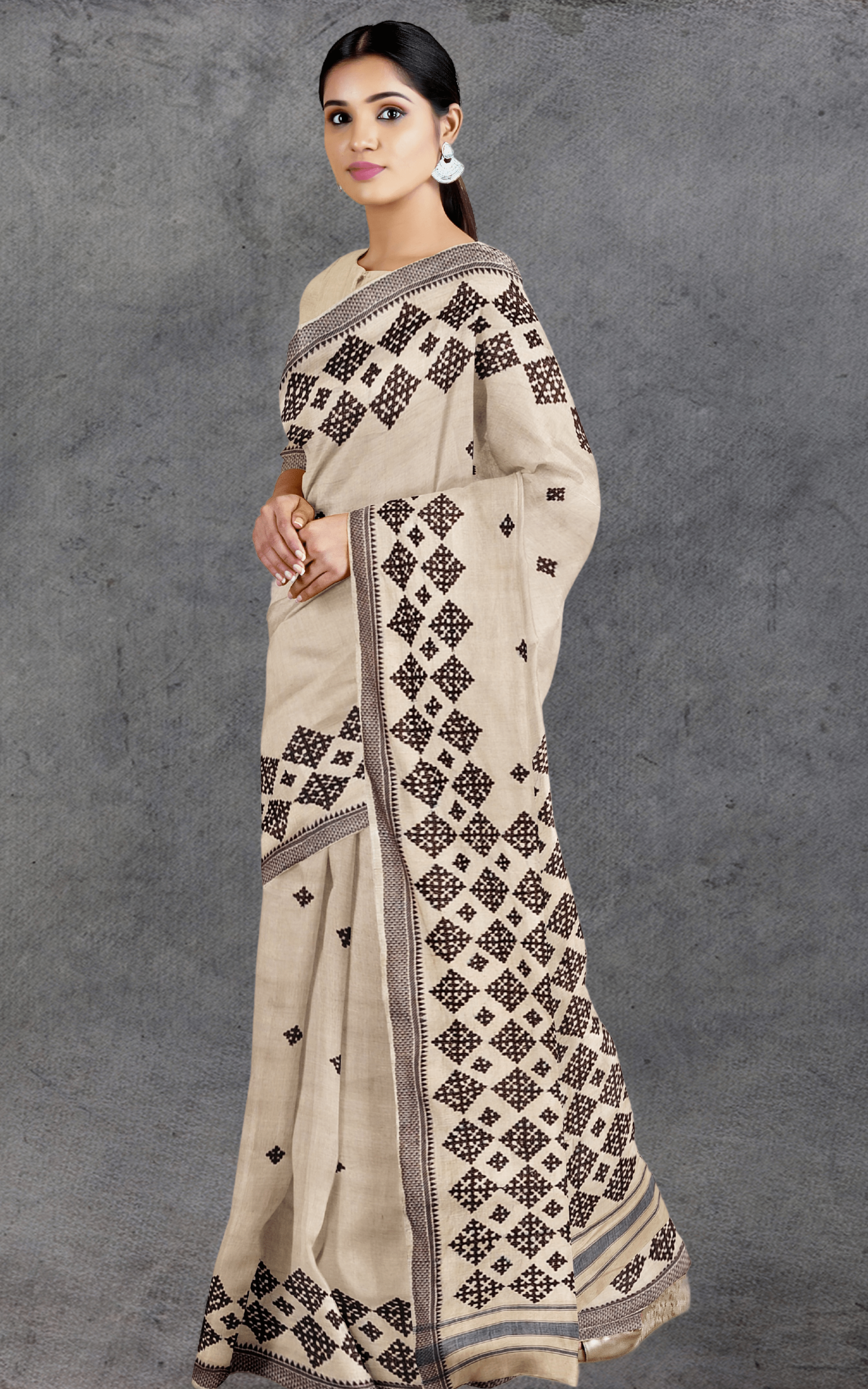Divasutra Beige and Dark Brown Vidharbha Tussar Silk Phulkari Saree