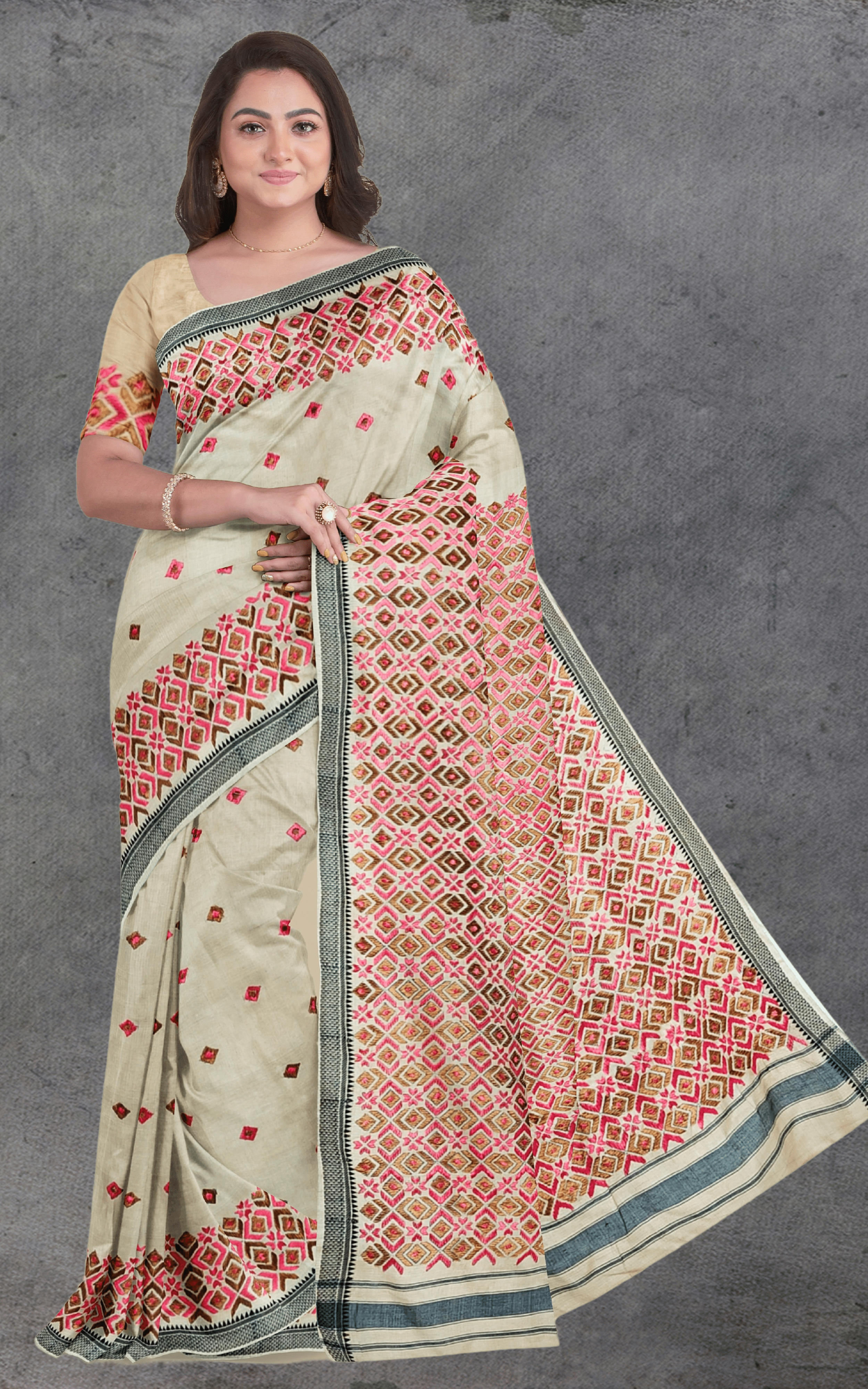 Divasutra Beige and Pink Vidharbha Tussar Silk Phulkari Saree