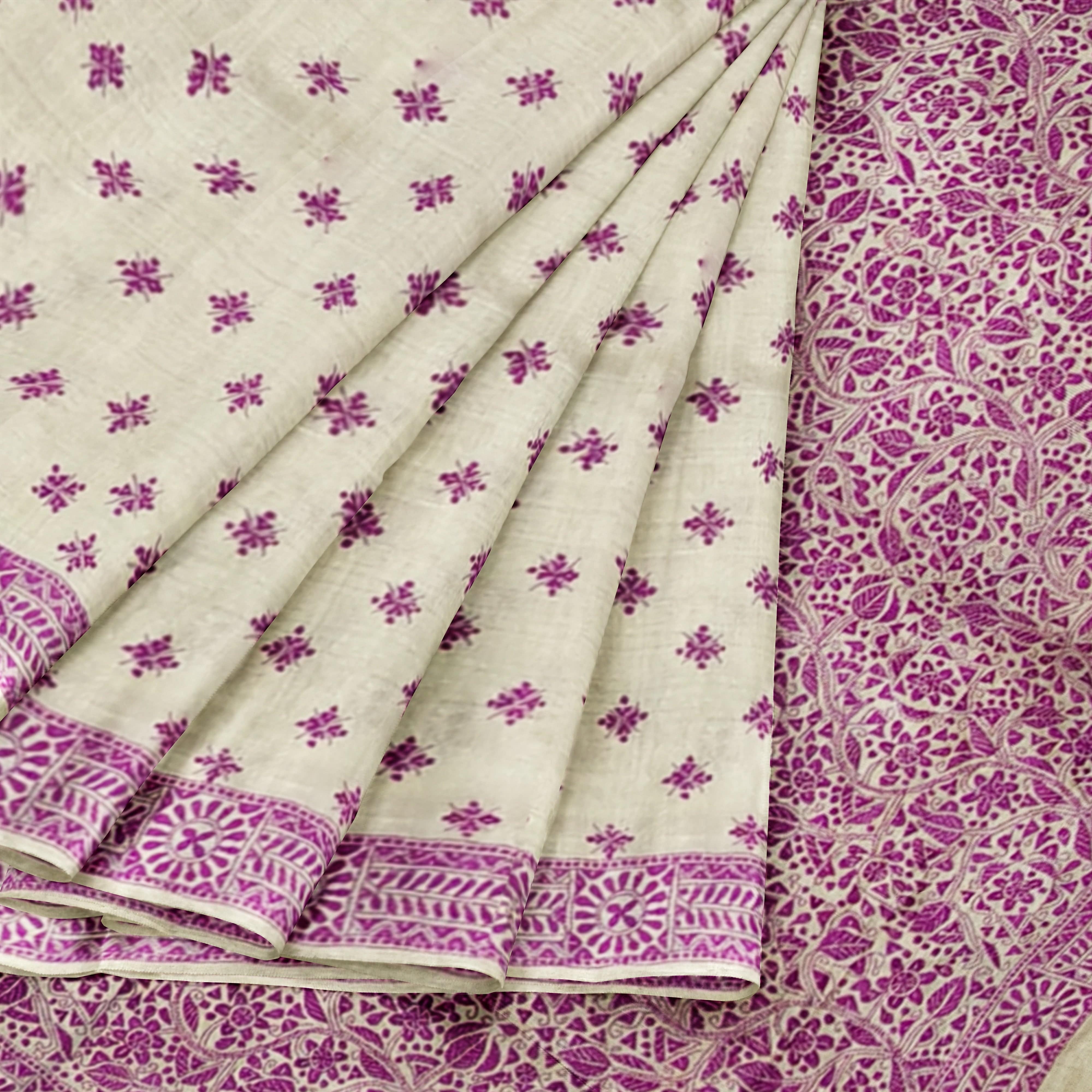 Divasutra Beige and Plum Tussar Silk Kantha Saree