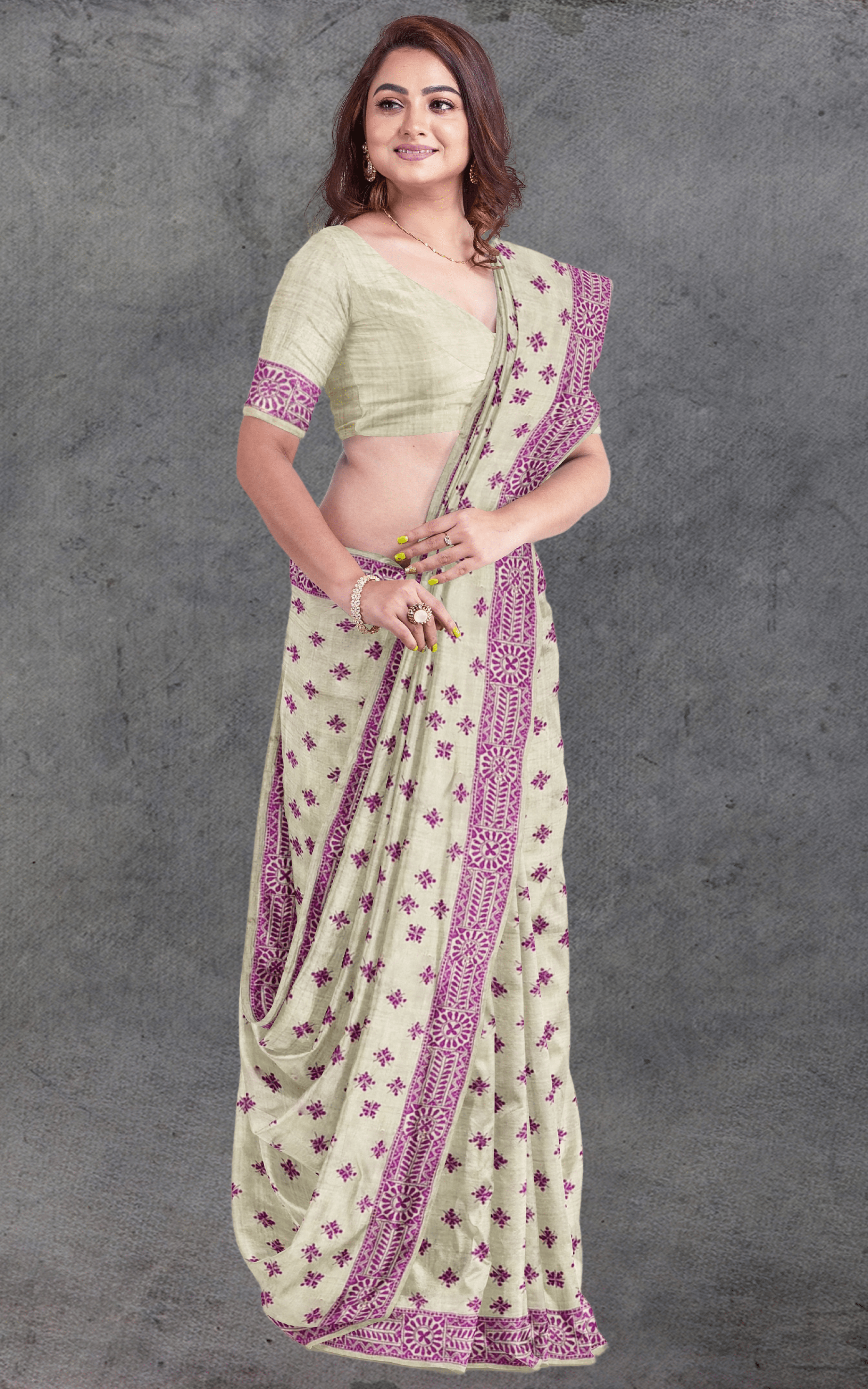 Divasutra Beige and Plum Tussar Silk Kantha Saree