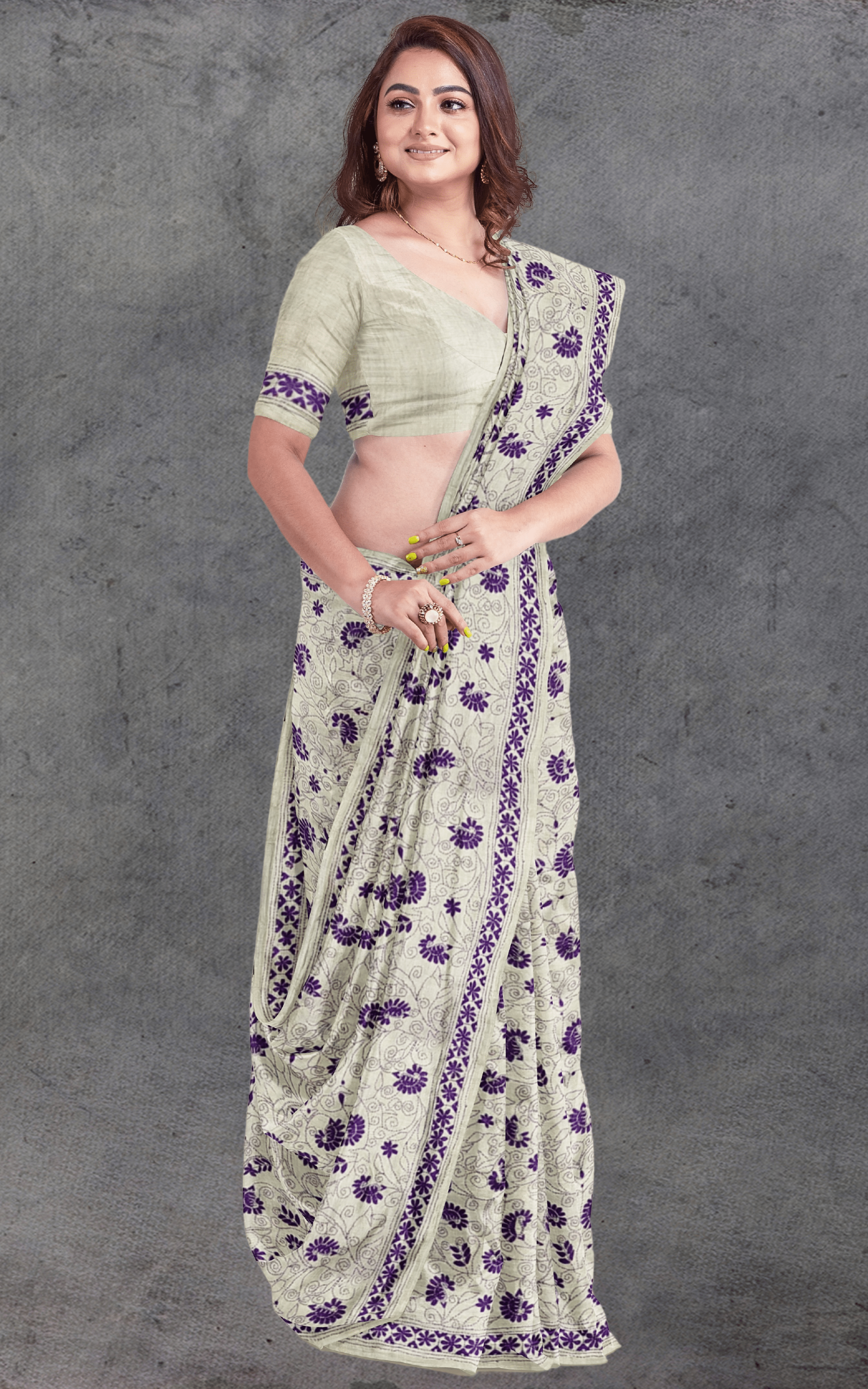 Divasutra Beige and Purple Tussar Silk Kantha Saree