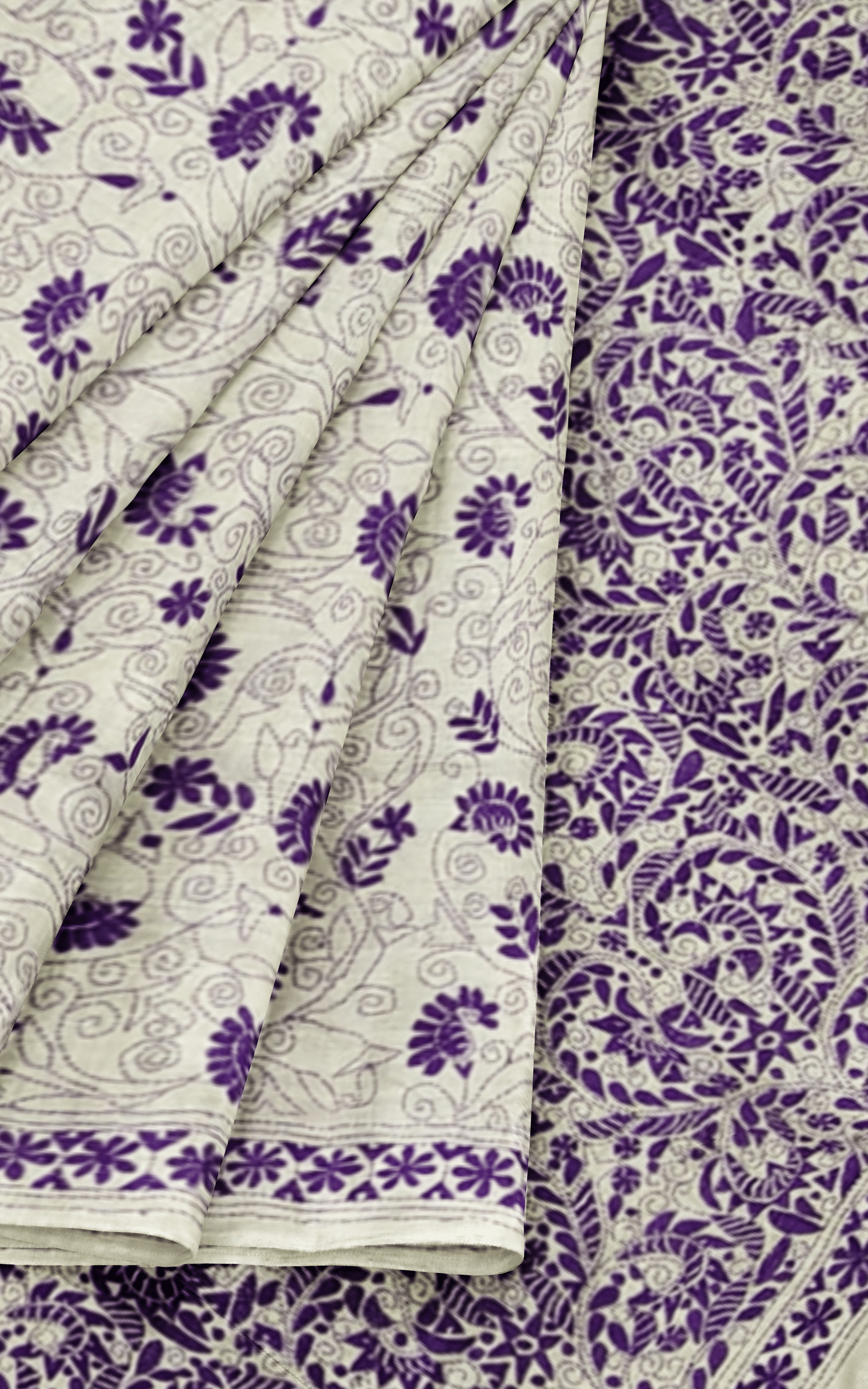 Divasutra Beige and Purple Tussar Silk Kantha Saree