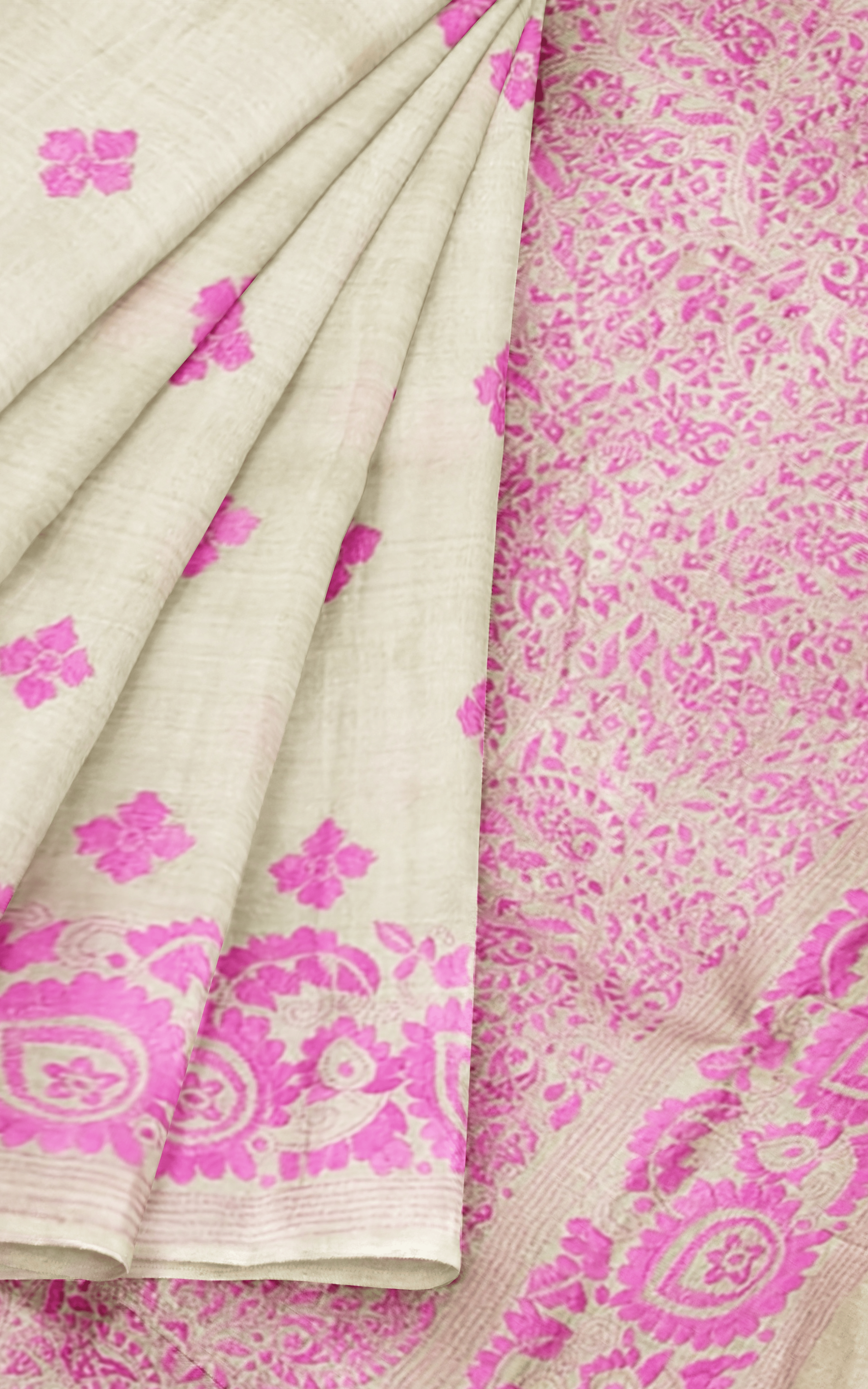 Divasutra Beige and Rose Pink Tussar Silk Kantha Saree