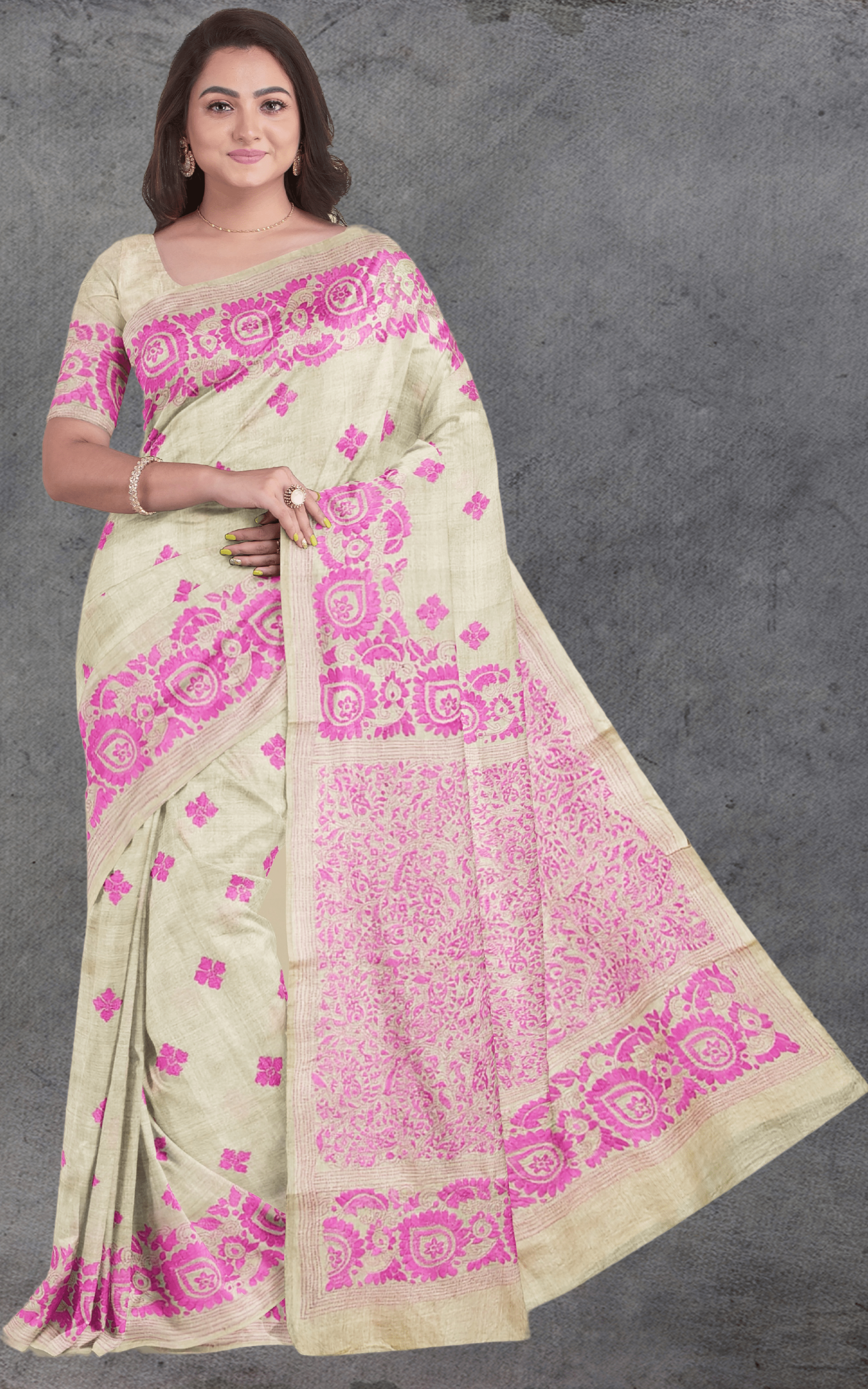 Divasutra Beige and Rose Pink Tussar Silk Kantha Saree