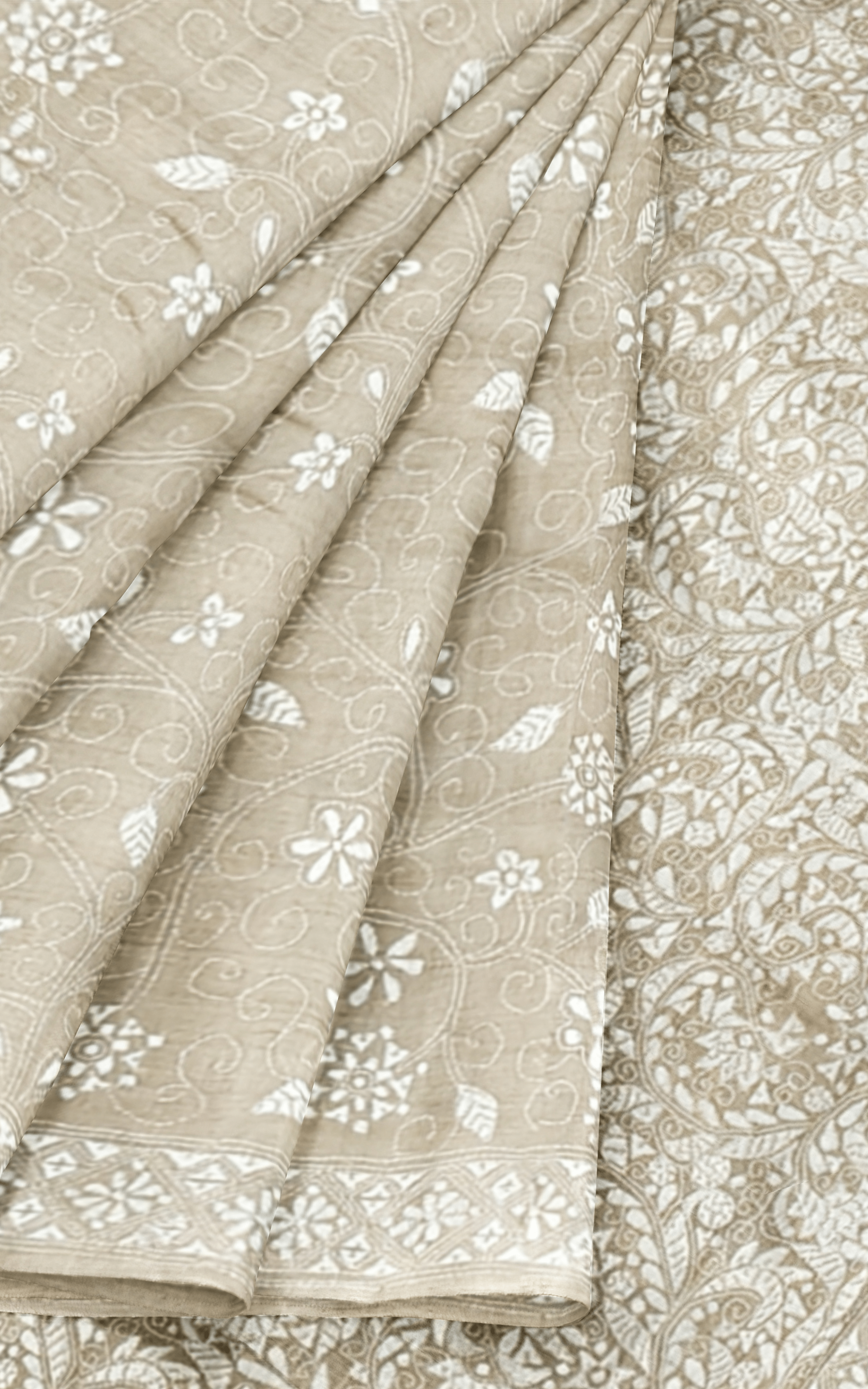 Divasutra Beige and White Tussar Silk Kantha Saree