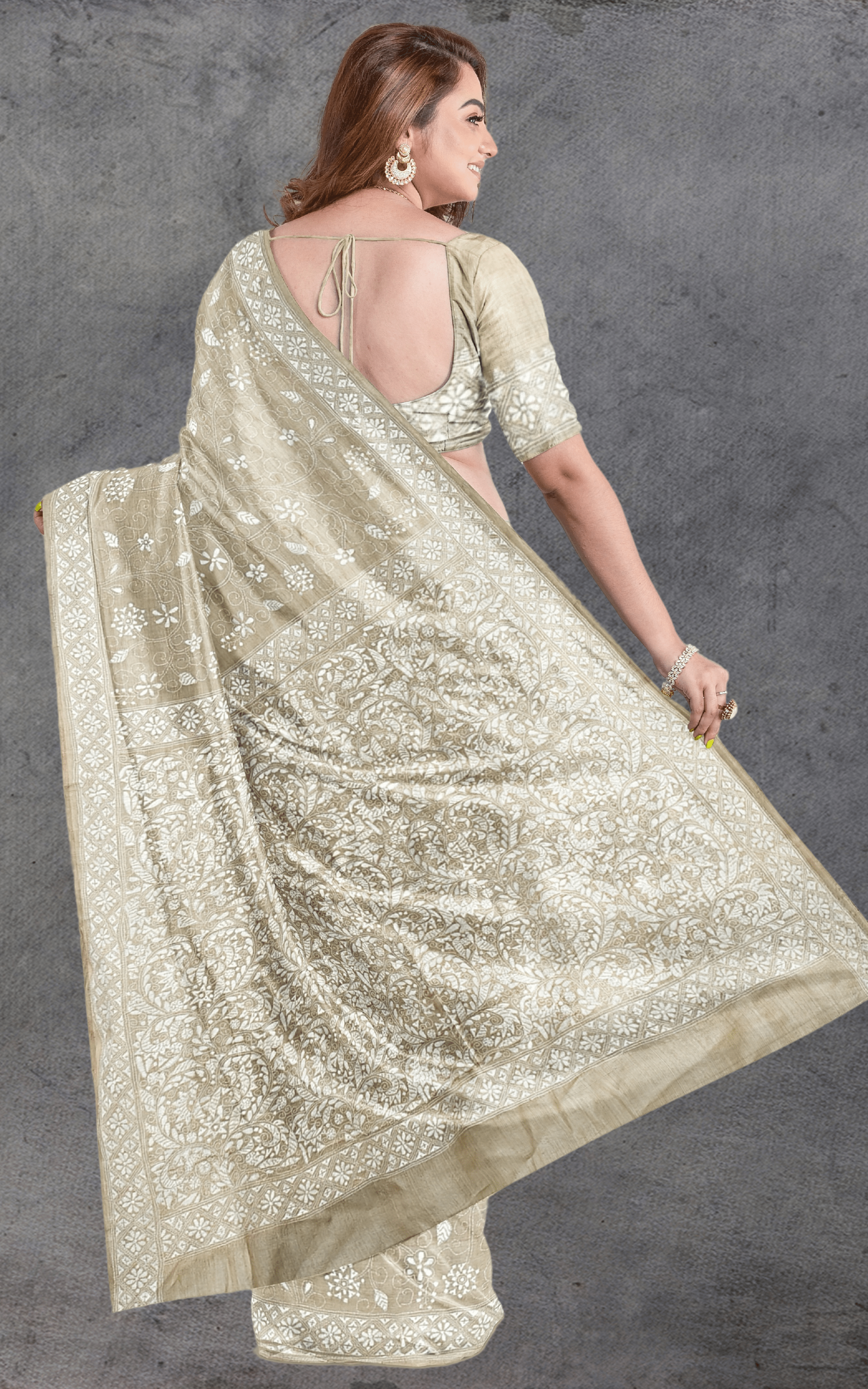 Divasutra Beige and White Tussar Silk Kantha Saree