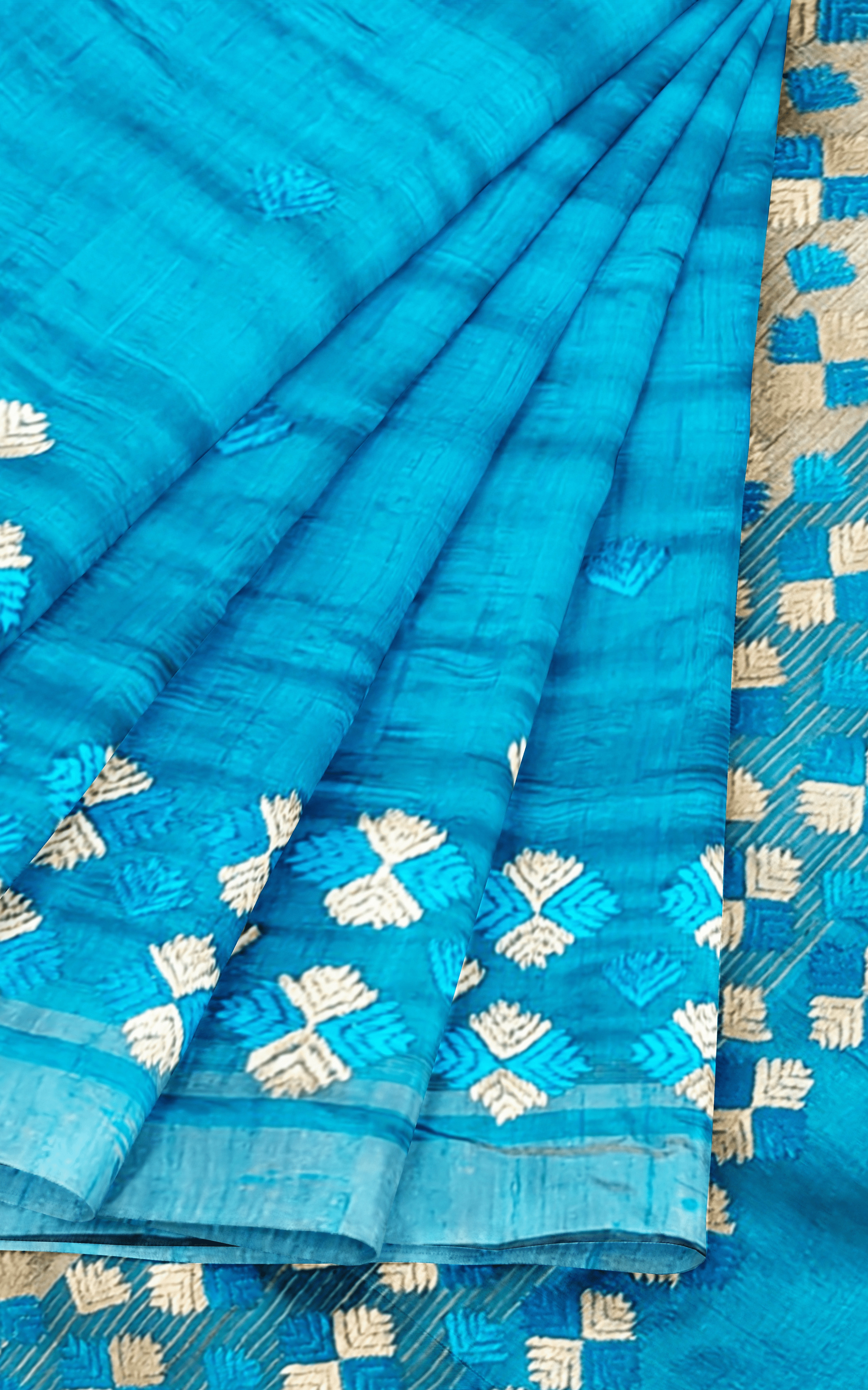 Divasutra Blue and Golden Tussar Silk Phulkari Saree