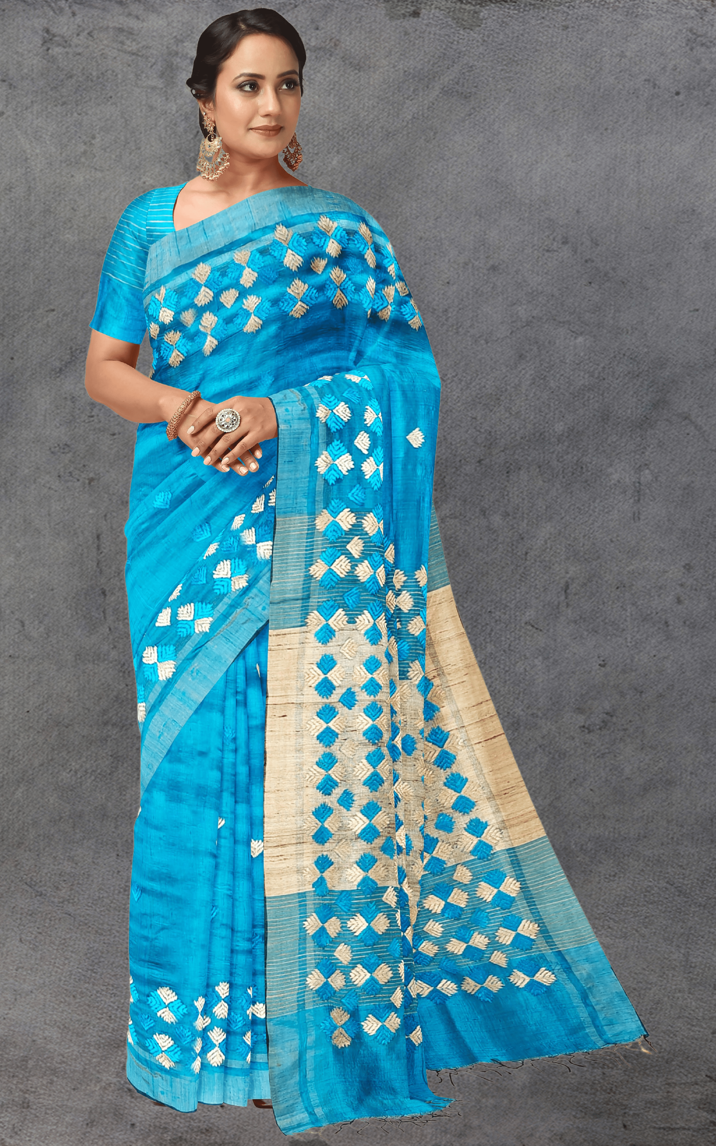 Divasutra Blue and Golden Tussar Silk Phulkari Saree