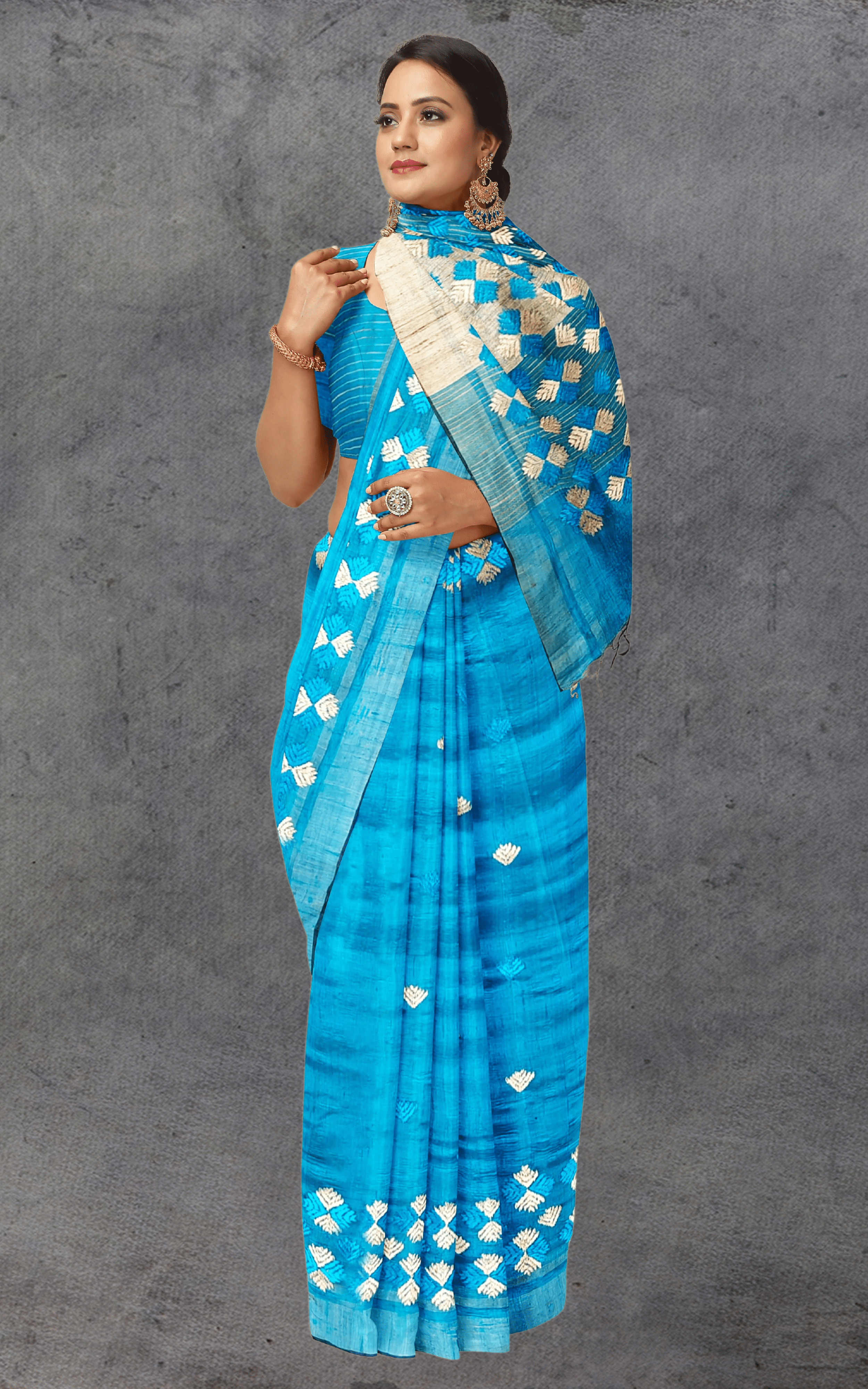 Divasutra Blue and Golden Tussar Silk Phulkari Saree