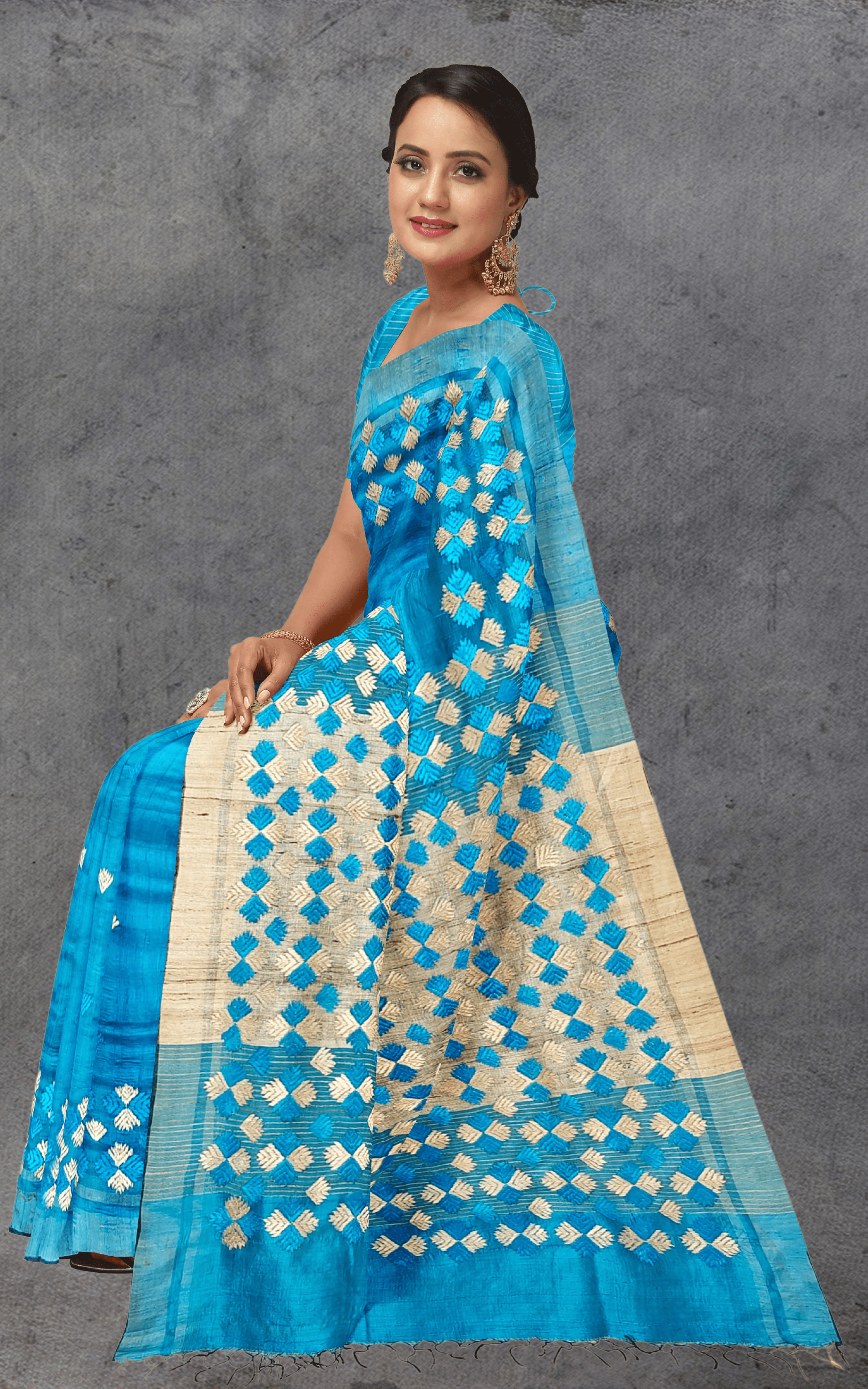 Divasutra Blue and Golden Tussar Silk Phulkari Saree