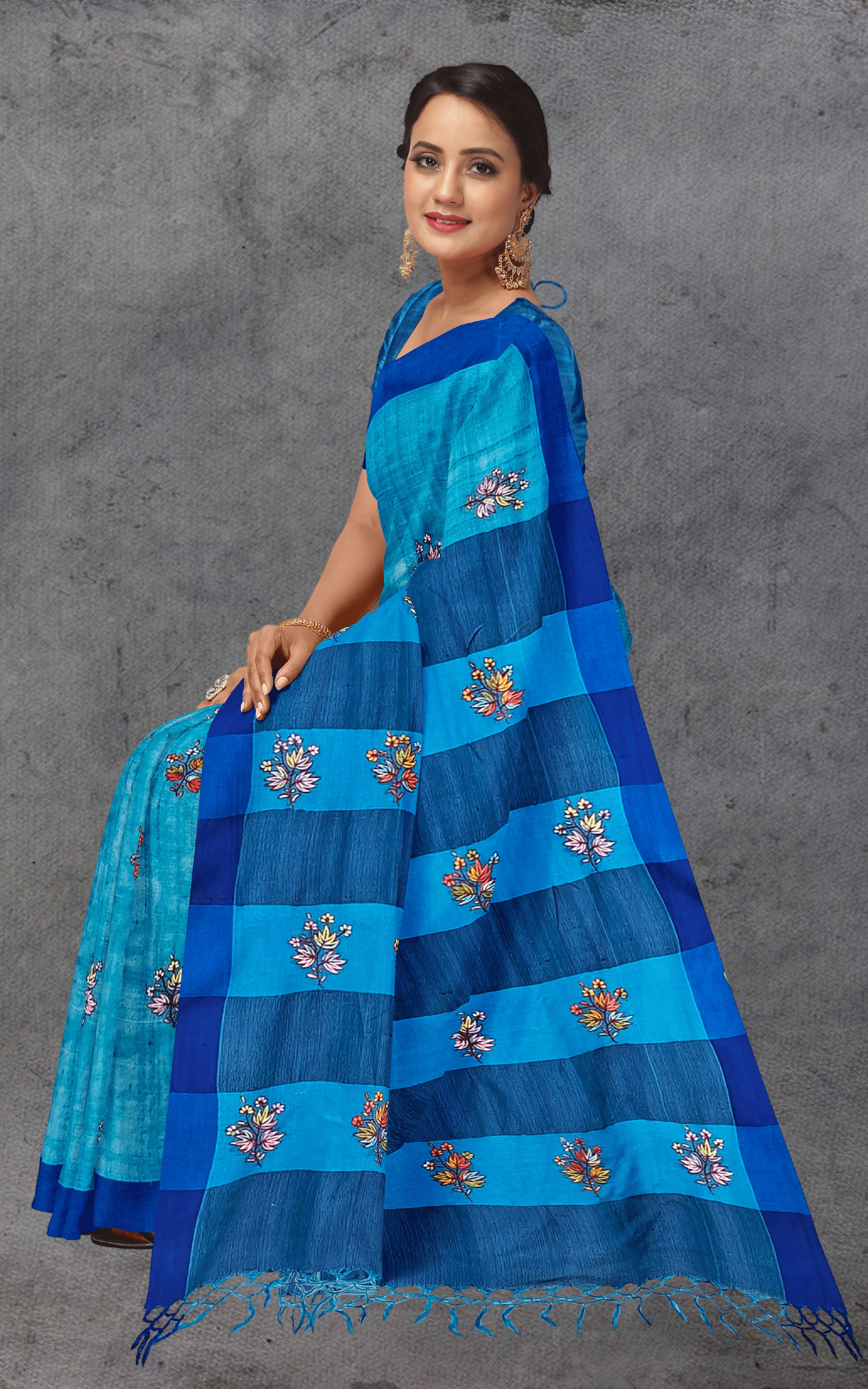 Divasutra Blue Tussar Silk Sozni Saree