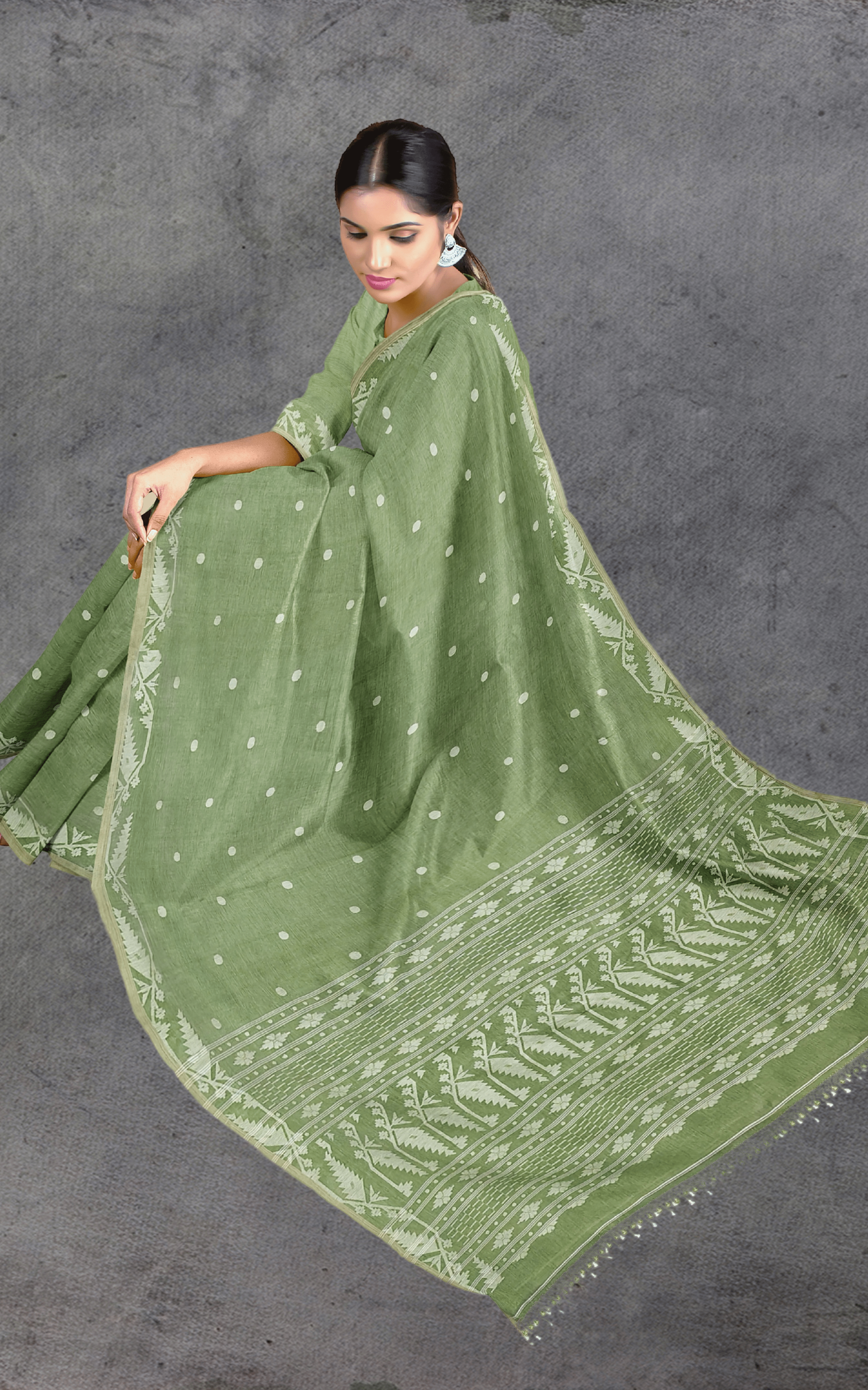 Divasutra Green and White Cotton Jamdani Saree