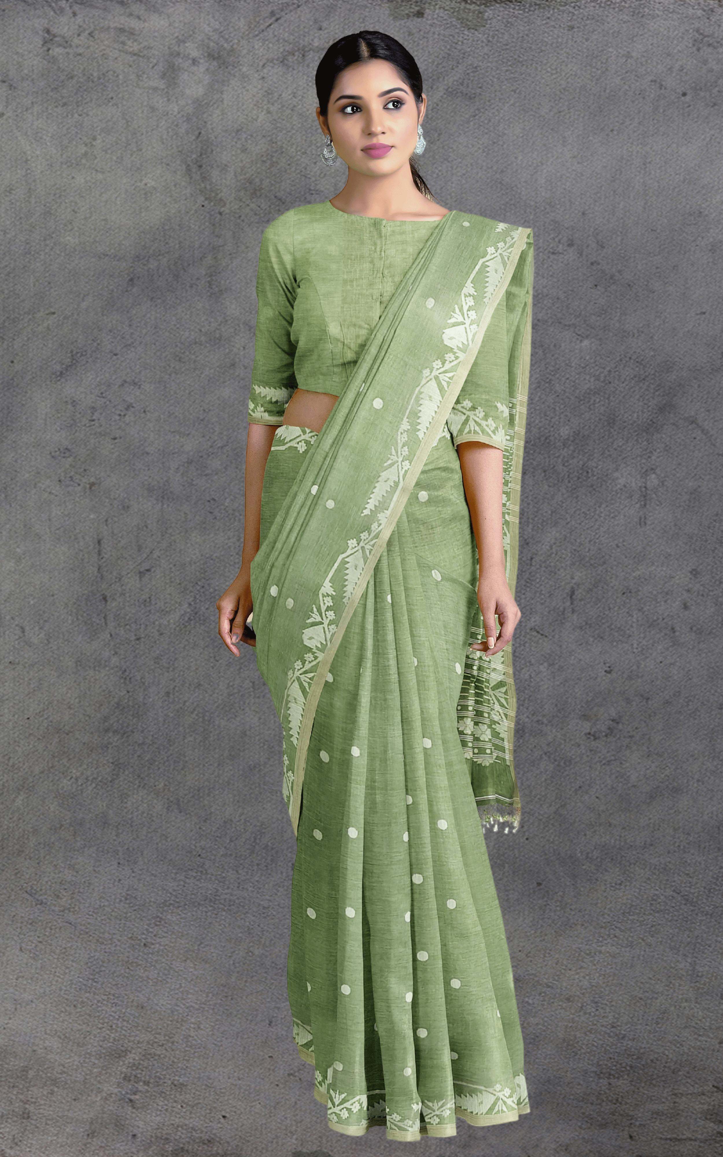 Divasutra Green and White Cotton Jamdani Saree