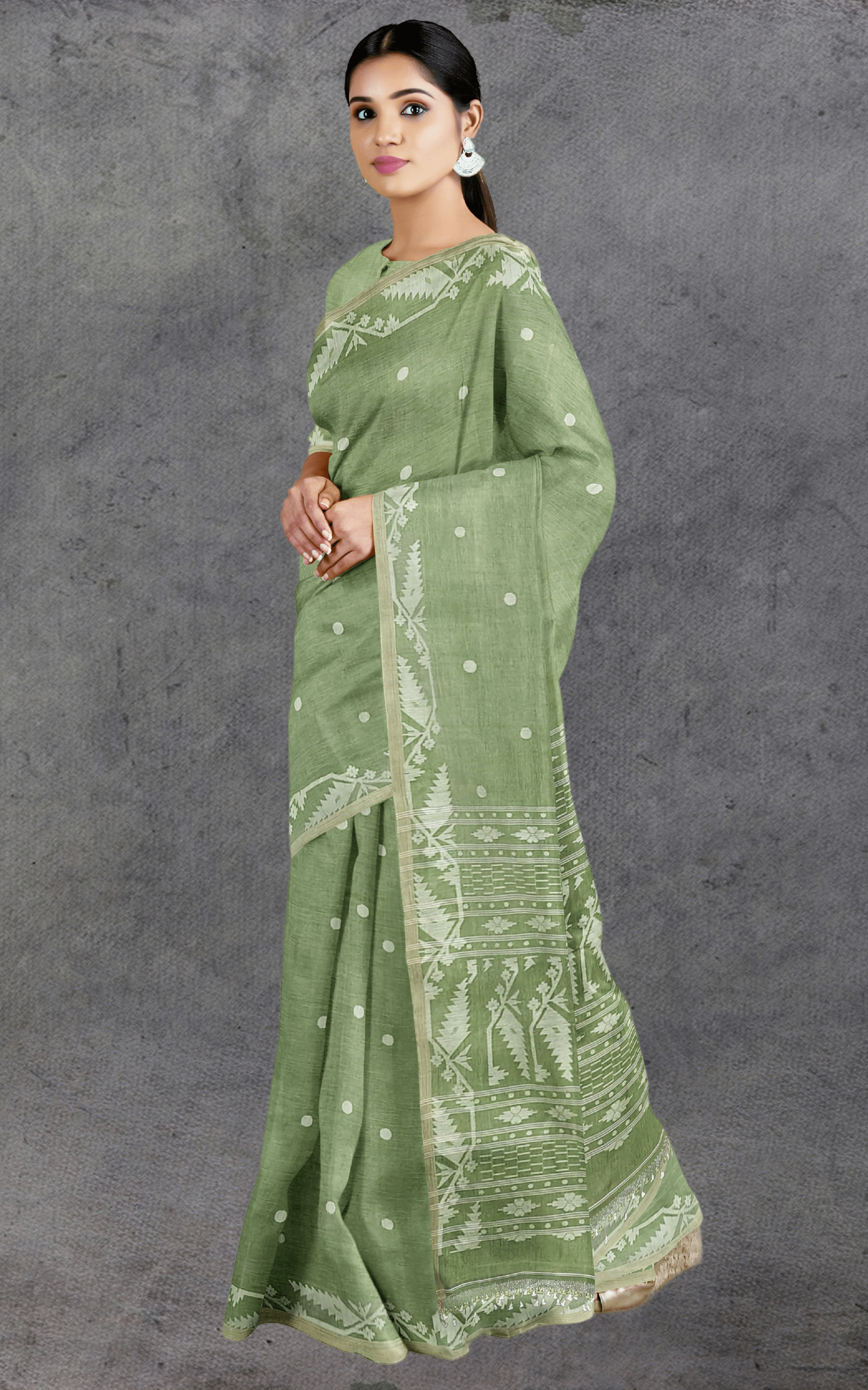 Divasutra Green and White Cotton Jamdani Saree
