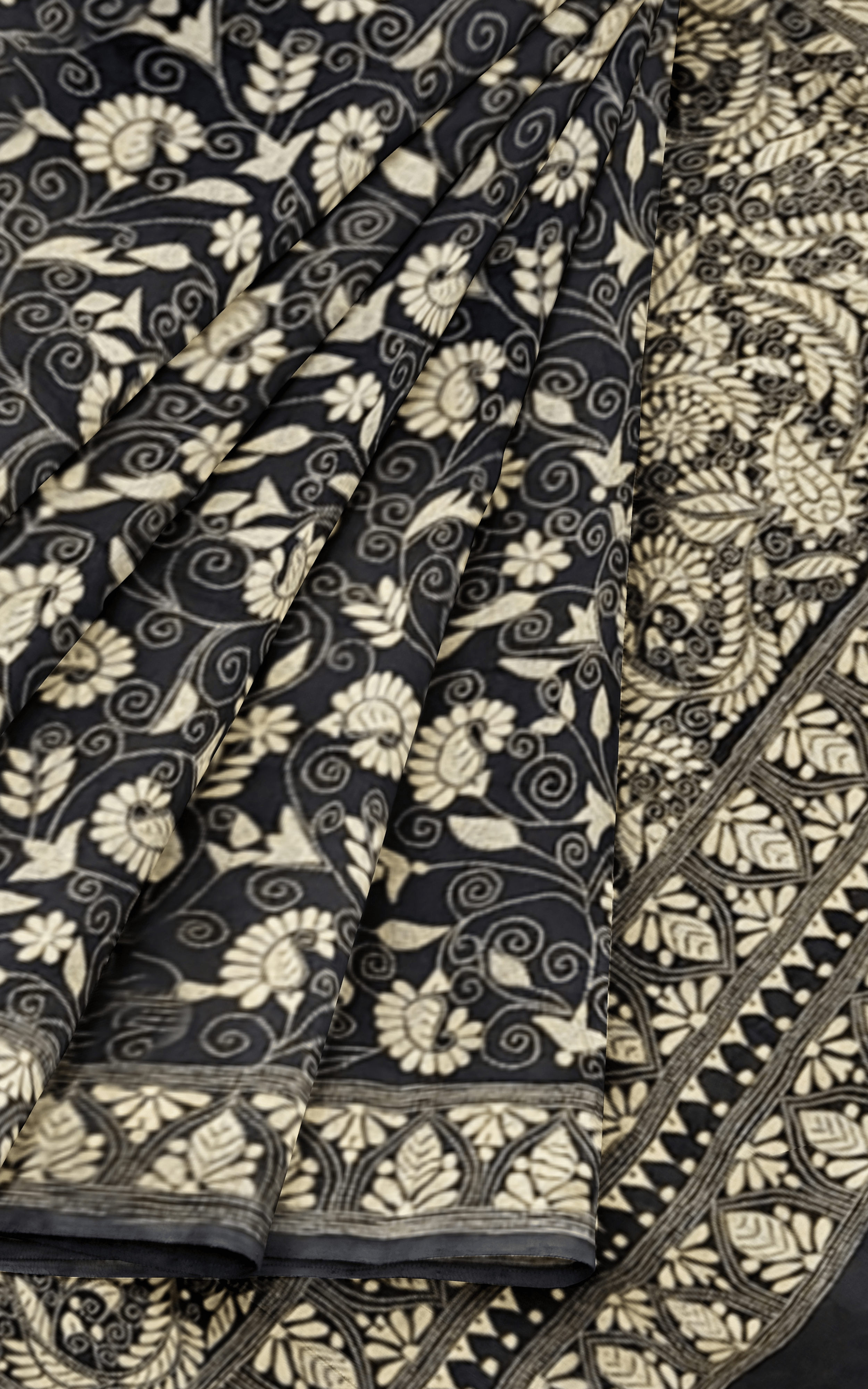 Divasutra Jet Black Mulberry Silk Kantha Saree