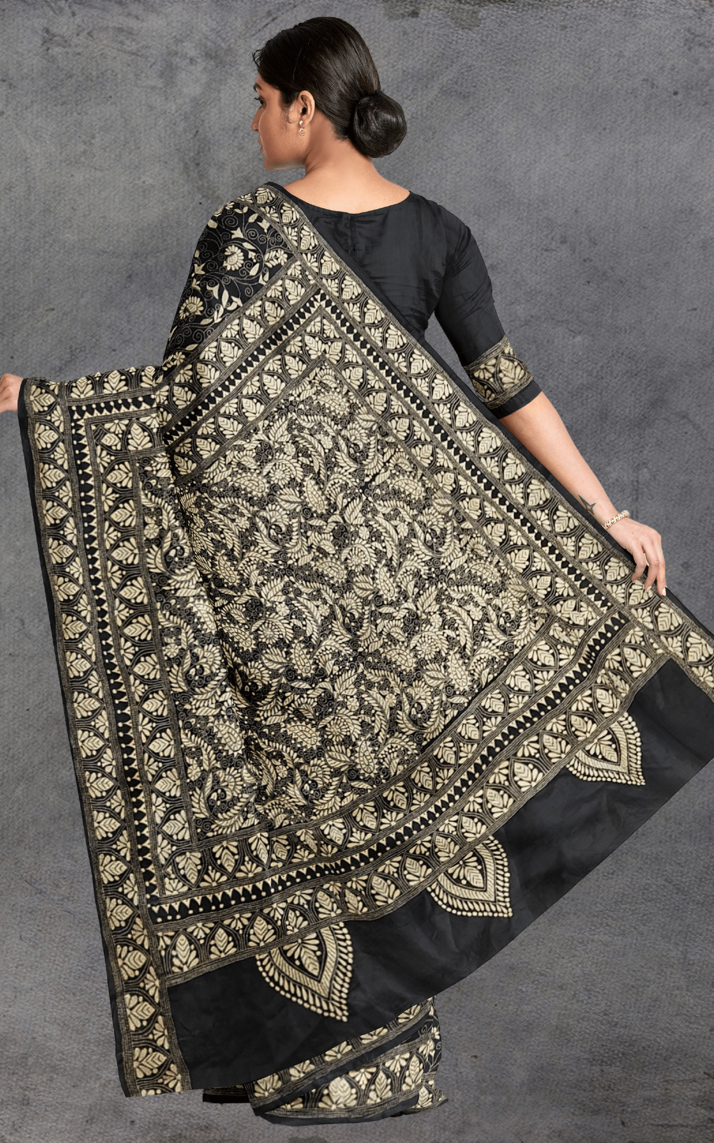 Divasutra Jet Black Mulberry Silk Kantha Saree