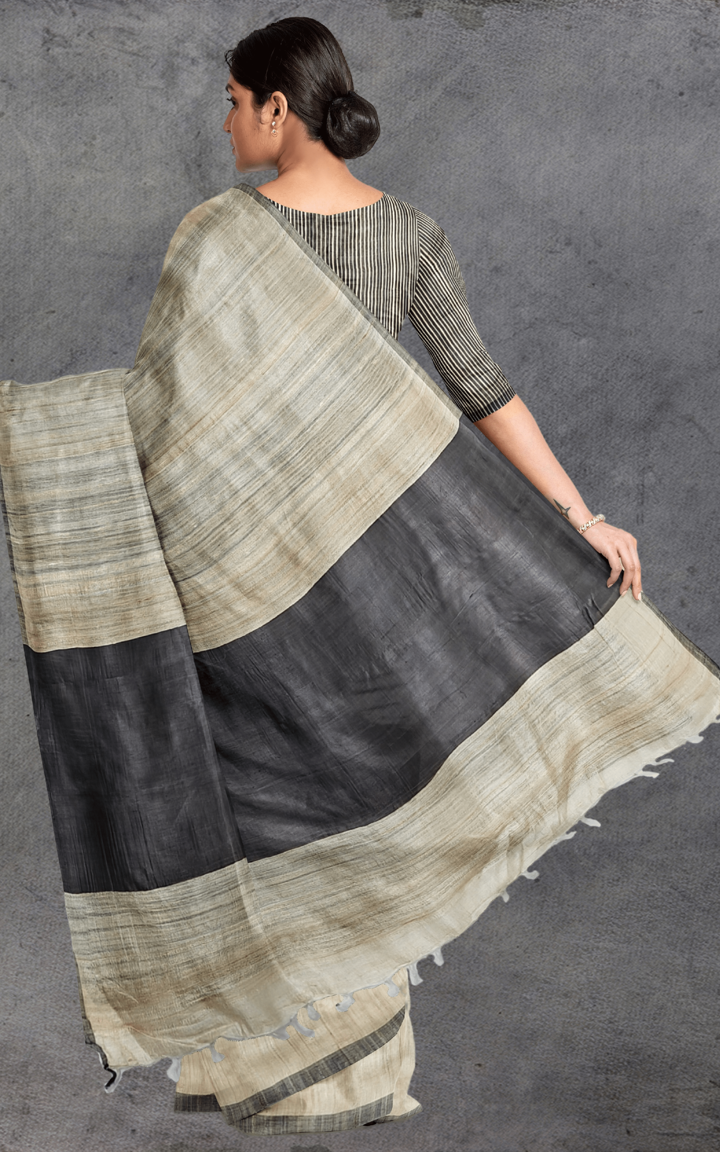 Divasutra Khaki and Black Tussar Silk Saree