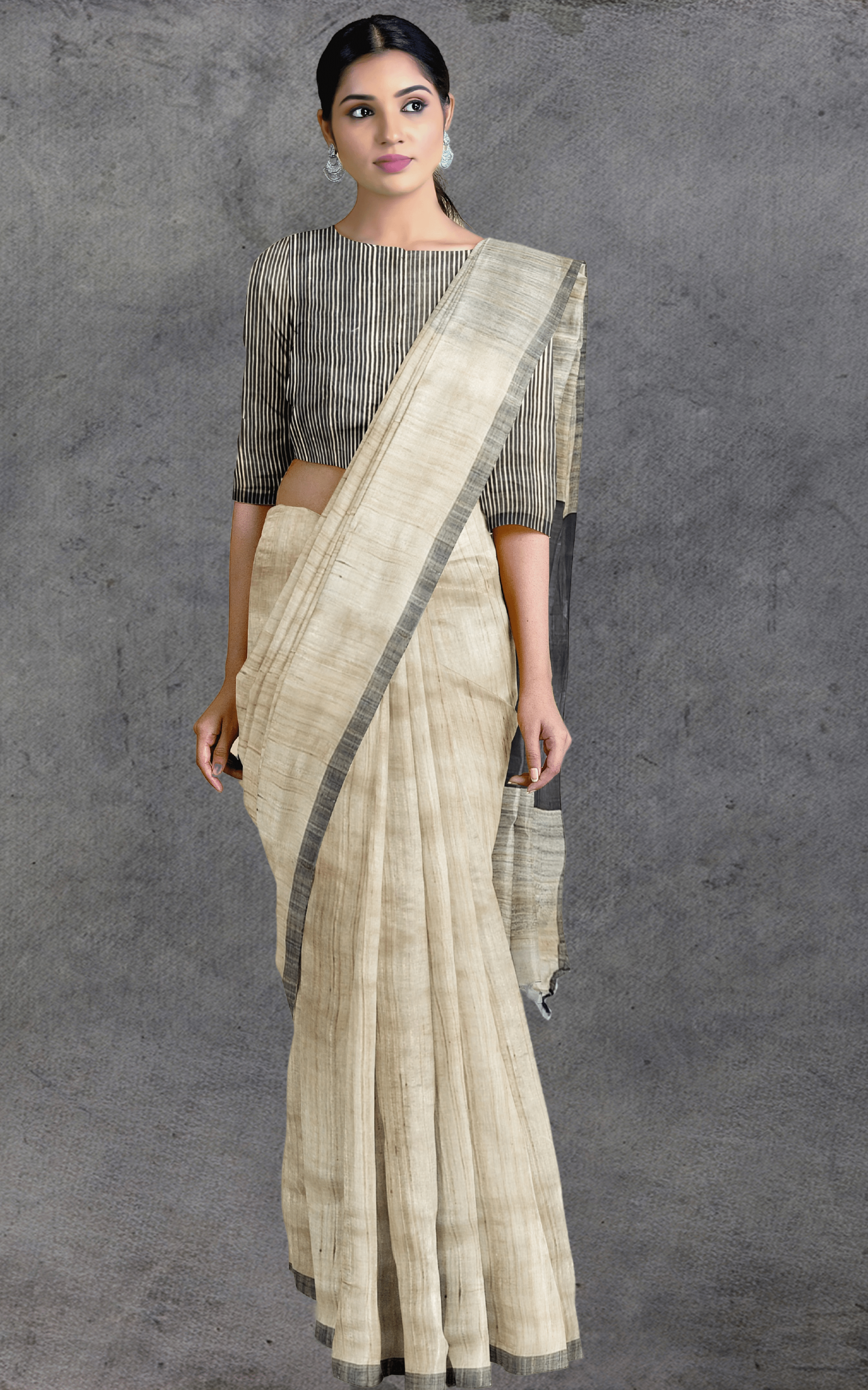 Divasutra Khaki and Black Tussar Silk Saree