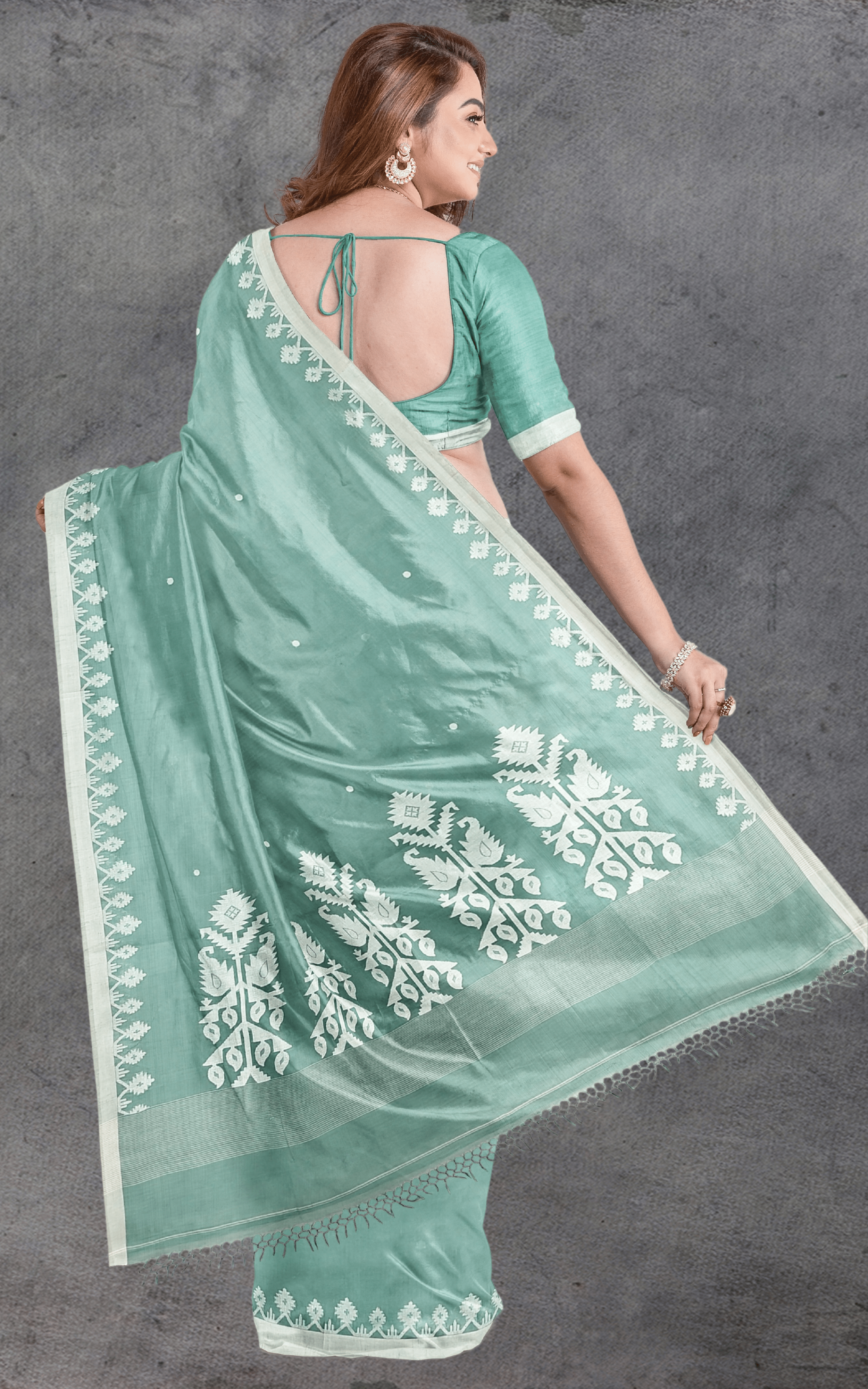 Divasutra Mint Green and White Cotton Jamdani Saree