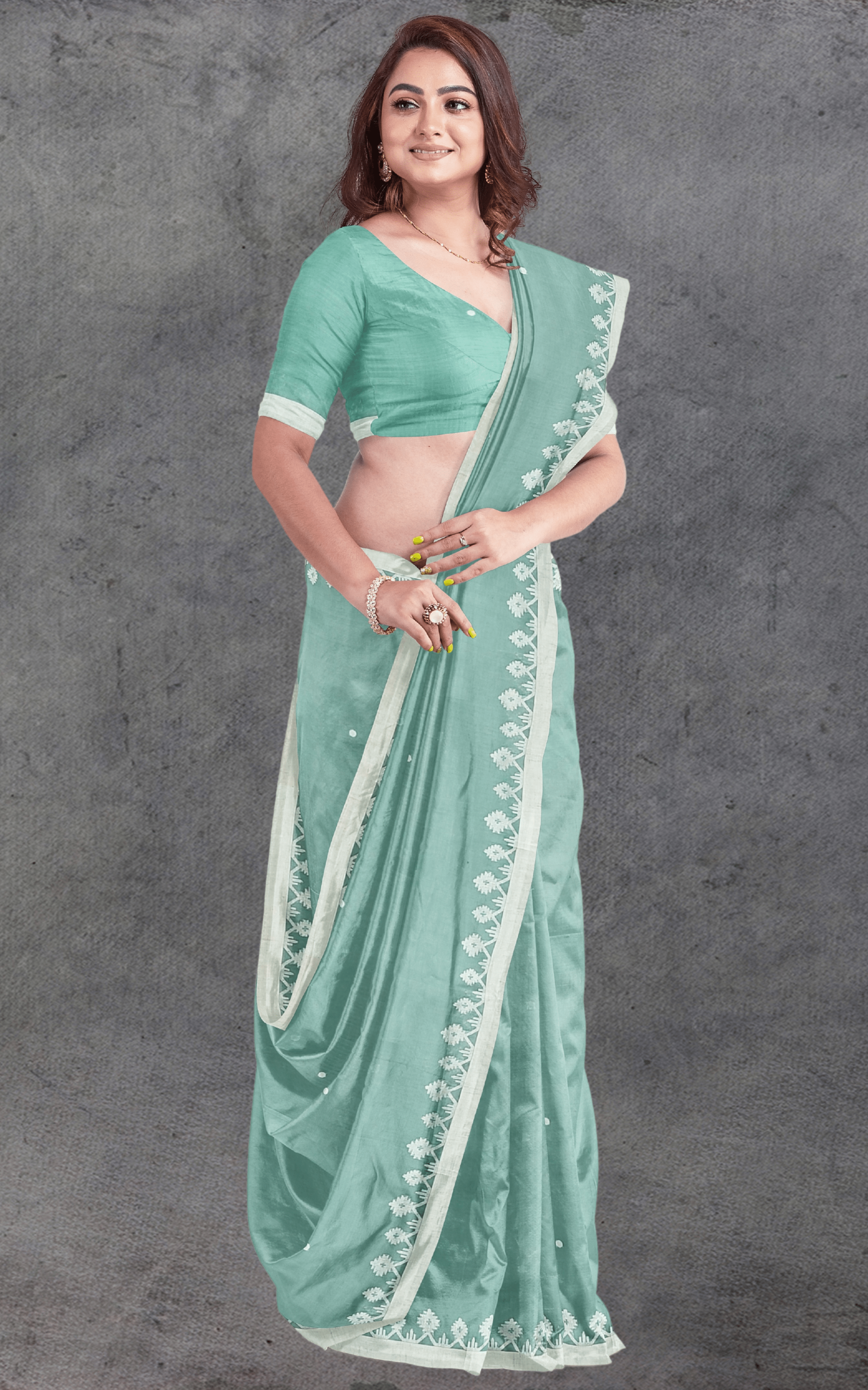Divasutra Mint Green and White Cotton Jamdani Saree