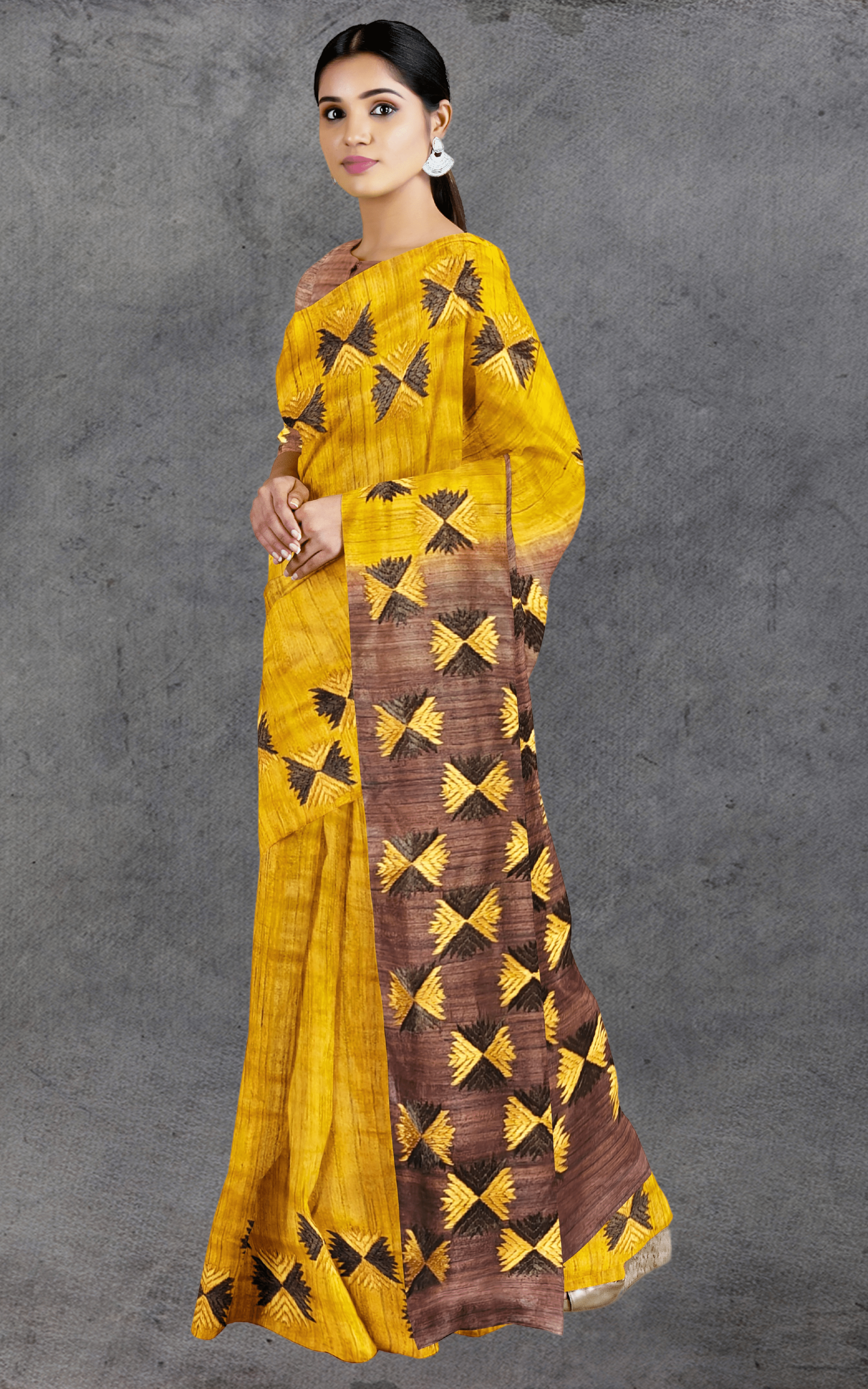 Divasutra Mustard and Brown Tussar Silk Phulkari Saree