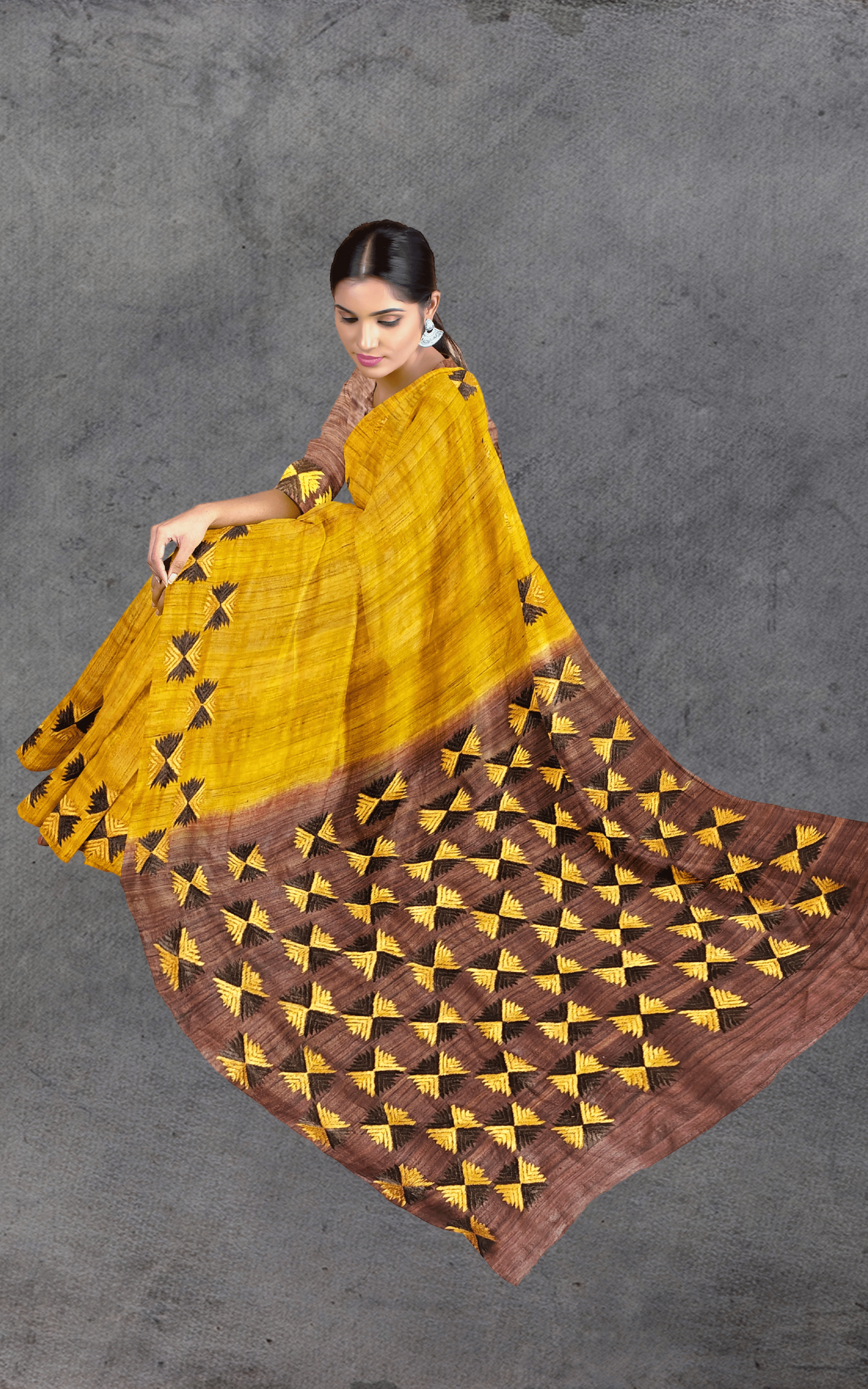 Divasutra Mustard and Brown Tussar Silk Phulkari Saree