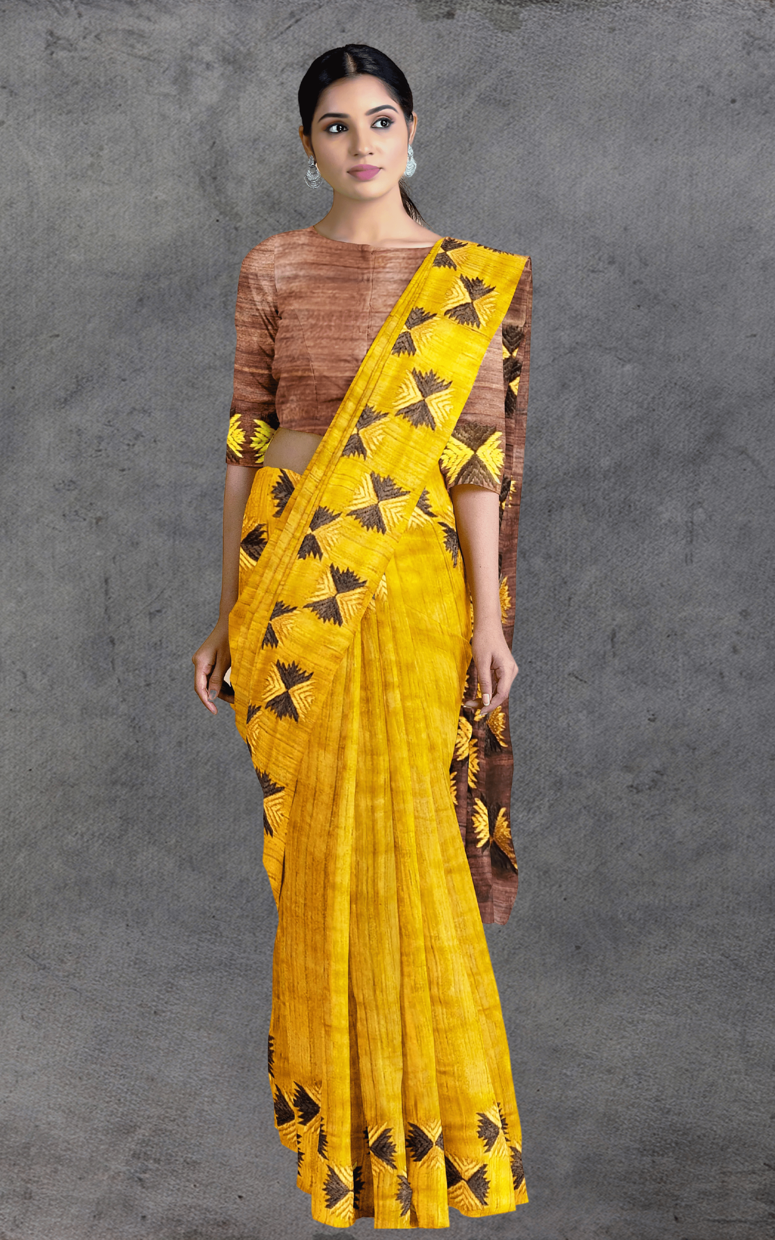 Divasutra Mustard and Brown Tussar Silk Phulkari Saree