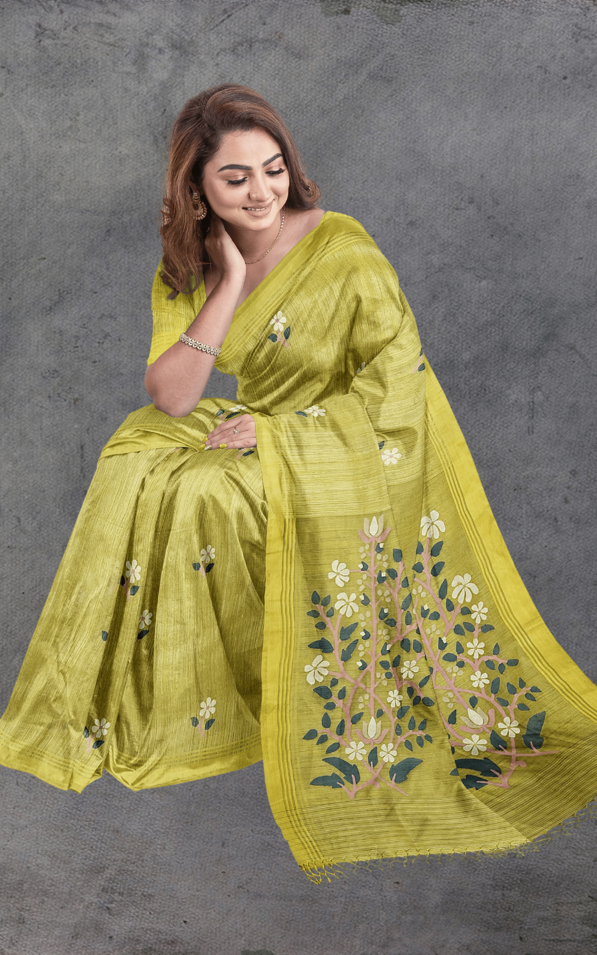 Divasutra Muted Lime Green Matka Silk Jamdani Saree