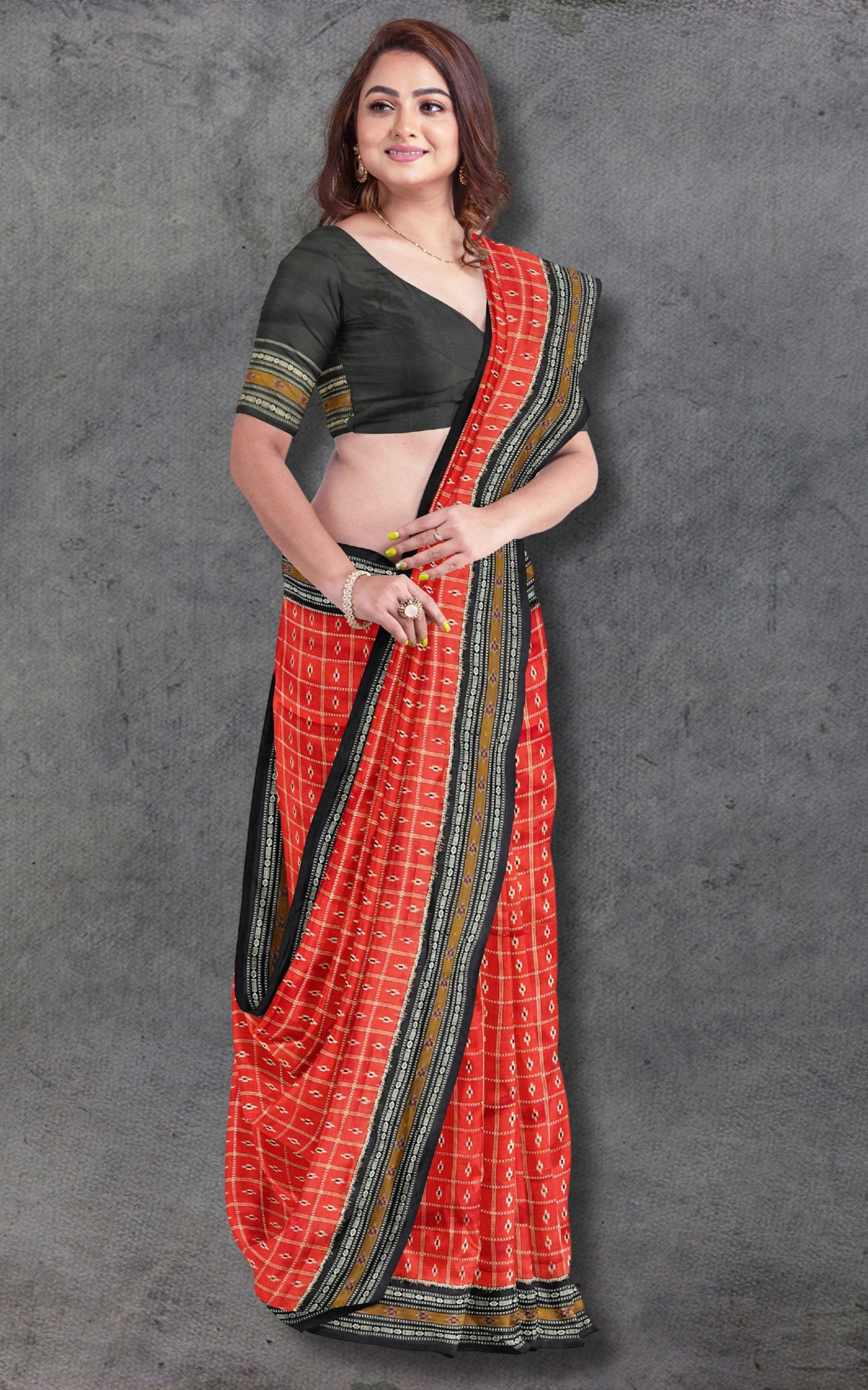 Divasutra Orange and Black Telia Silk Ikkat Saree
