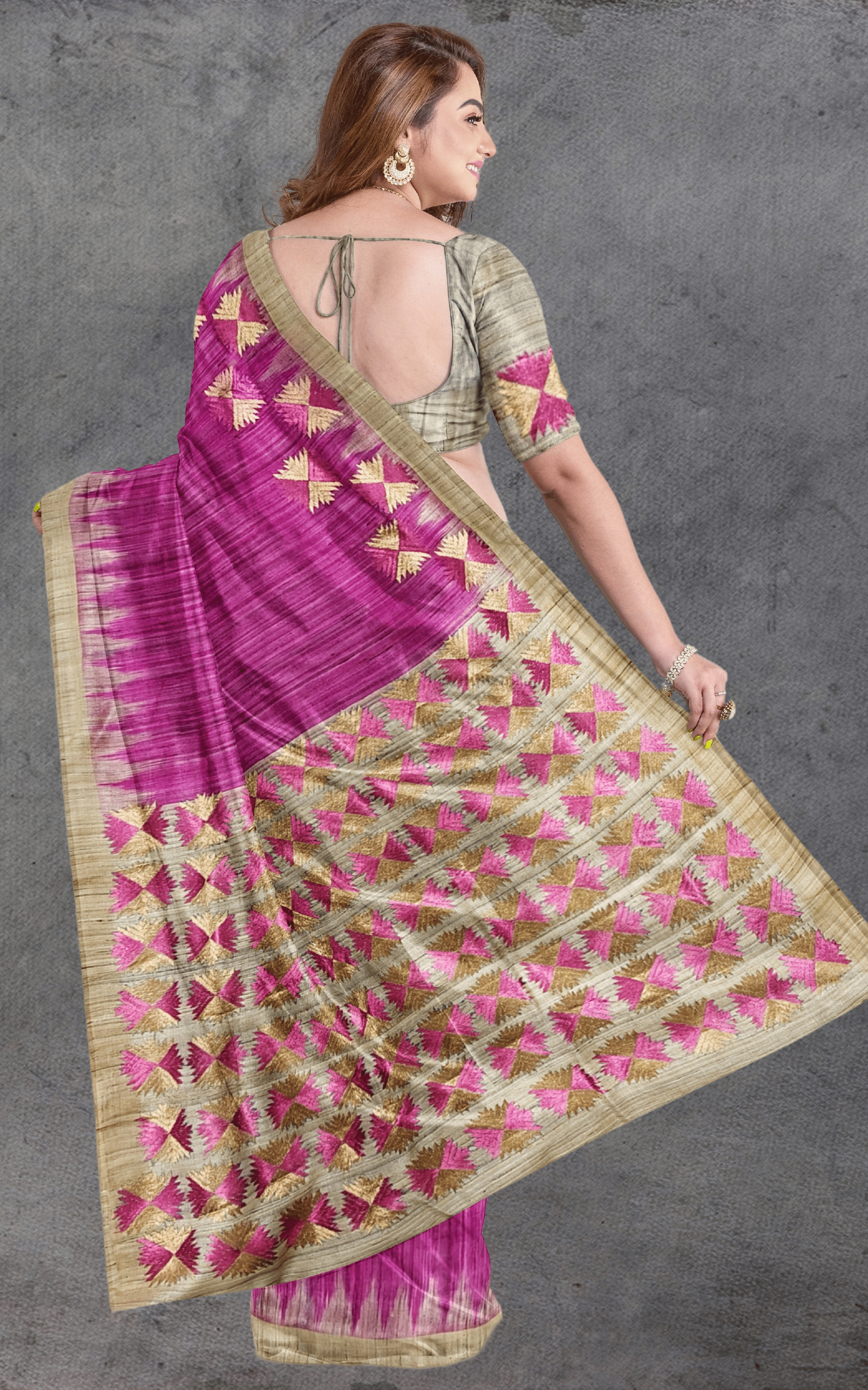 Divasutra Pink and Beige Tussar Silk Phulkari Saree