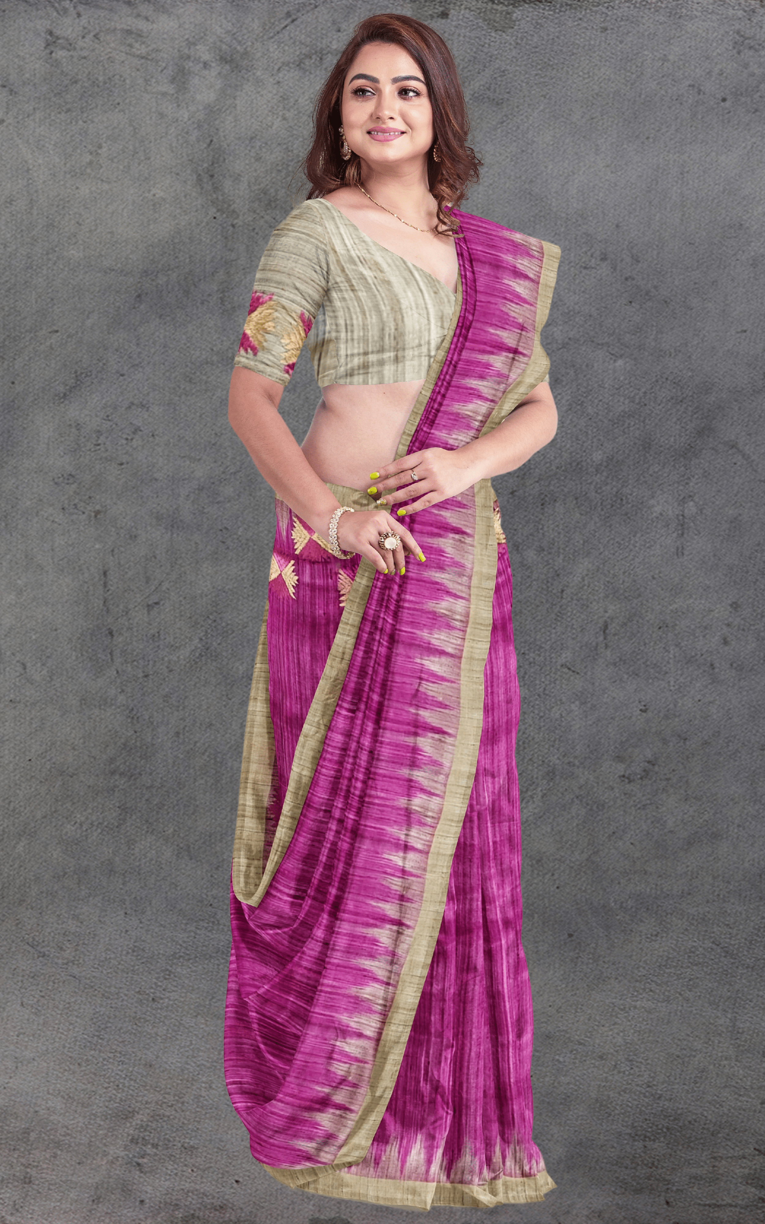 Divasutra Pink and Beige Tussar Silk Phulkari Saree