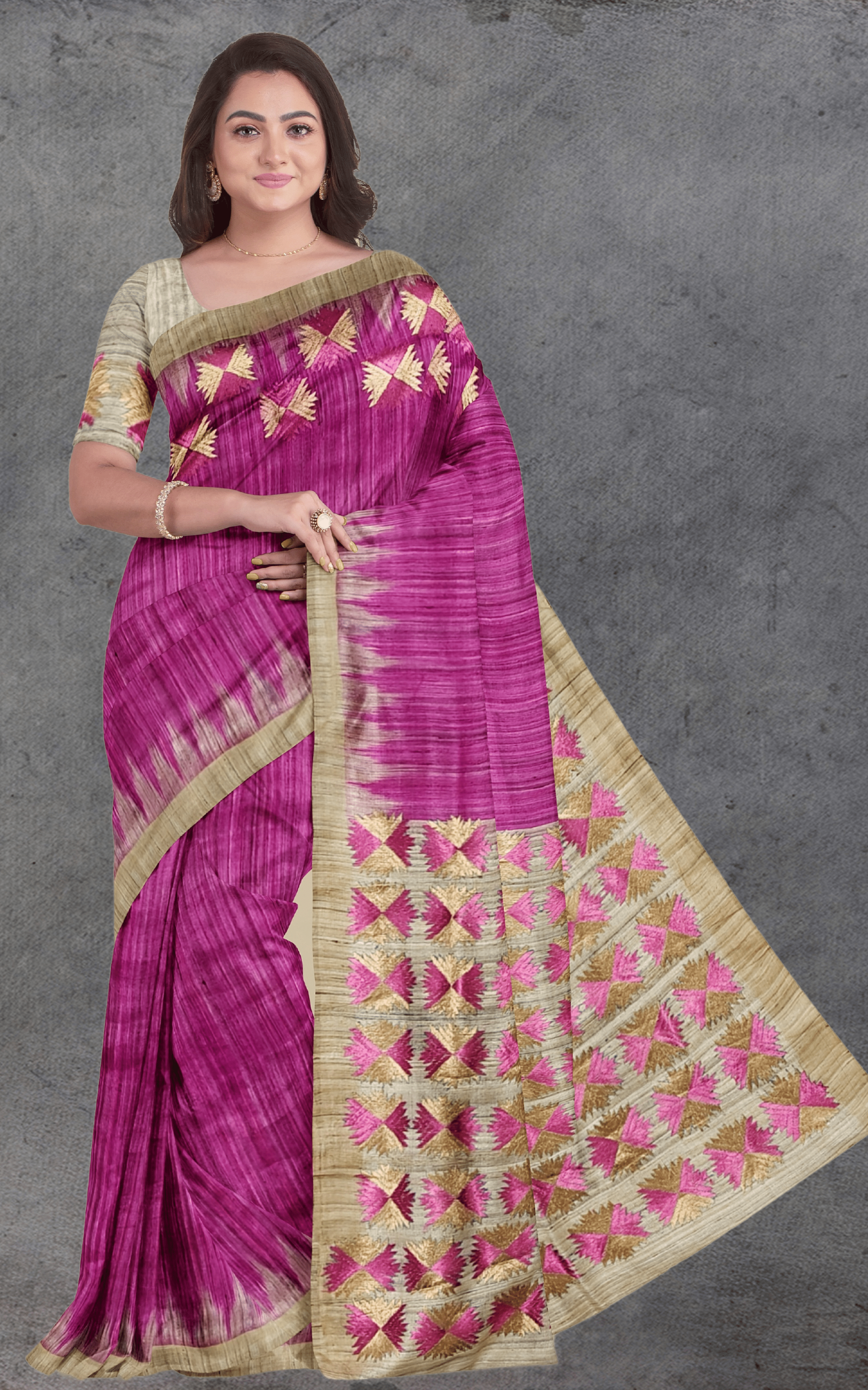 Divasutra Pink and Beige Tussar Silk Phulkari Saree