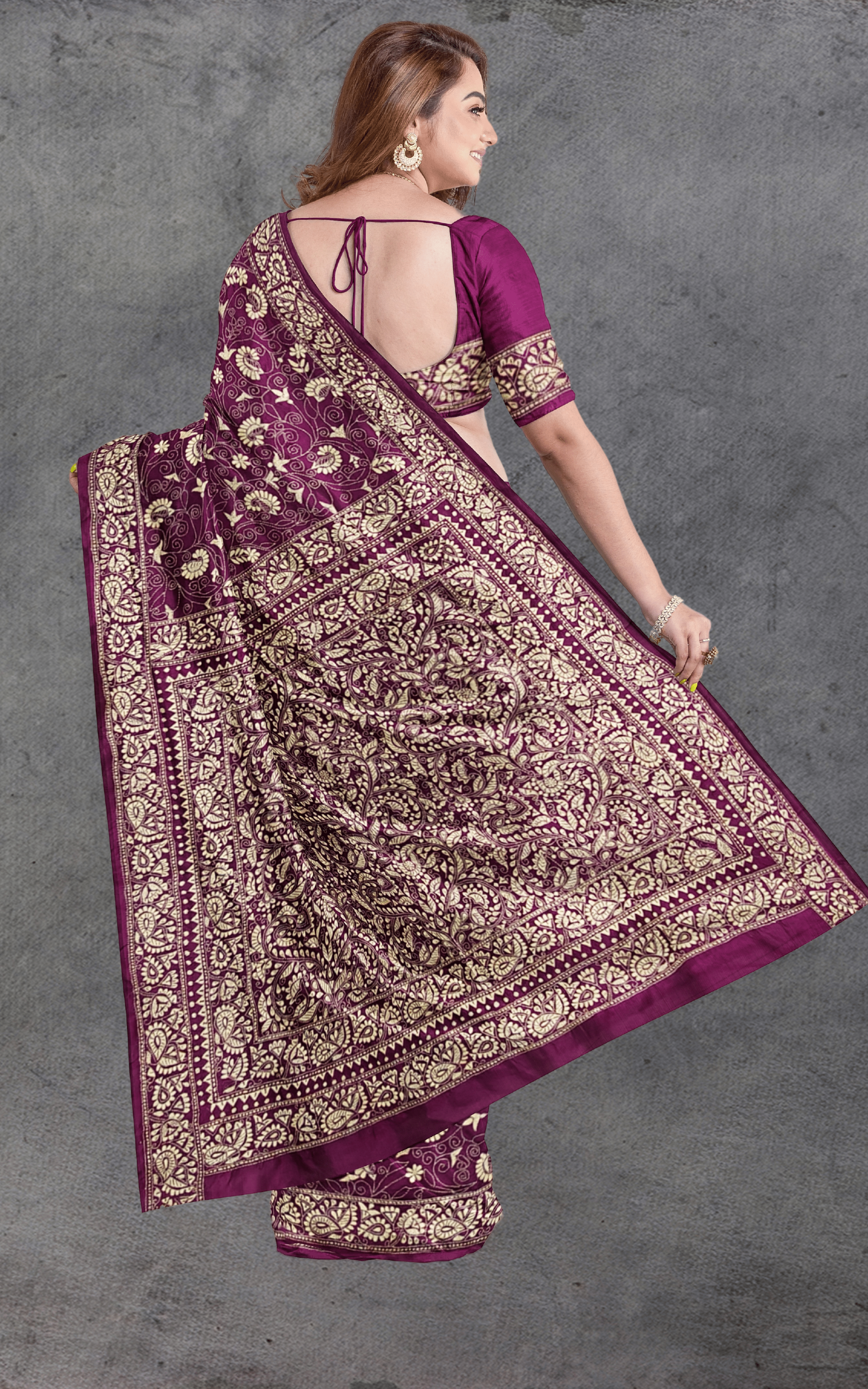 Divasutra Purple Mulberry Silk Kantha Saree