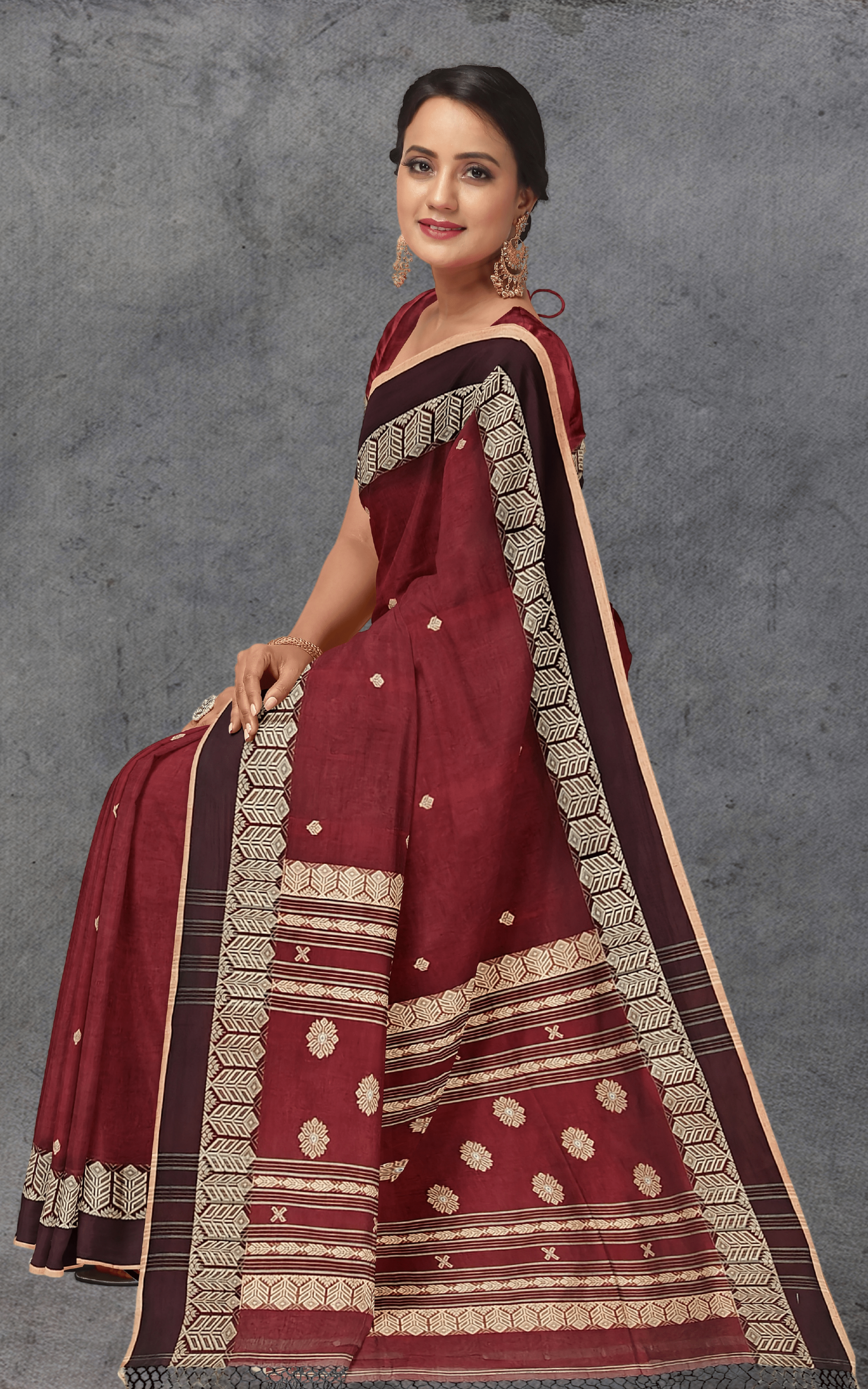 Divasutra Red and Brown Cotton Jacquard Saree