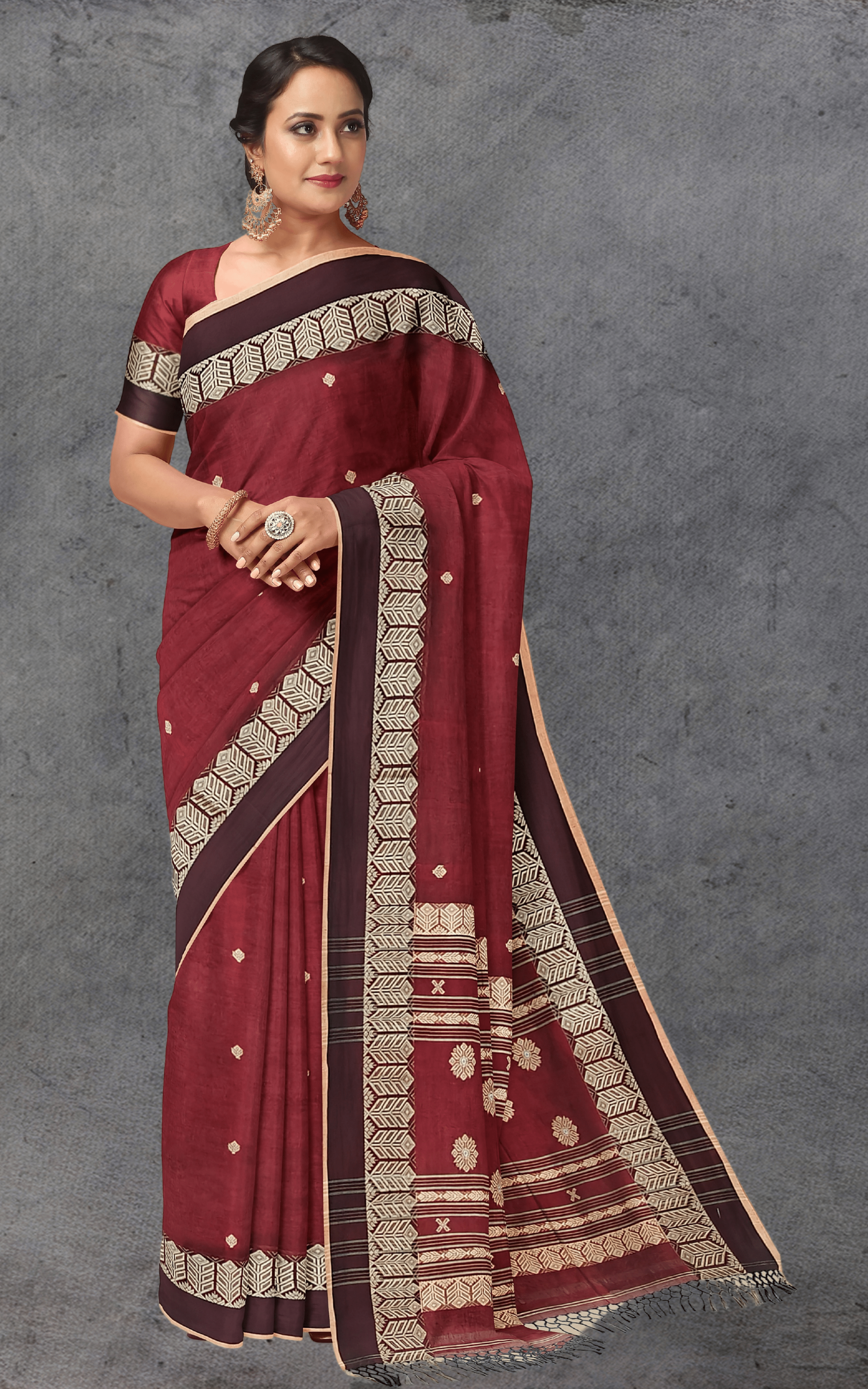 Divasutra Red and Brown Cotton Jacquard Saree