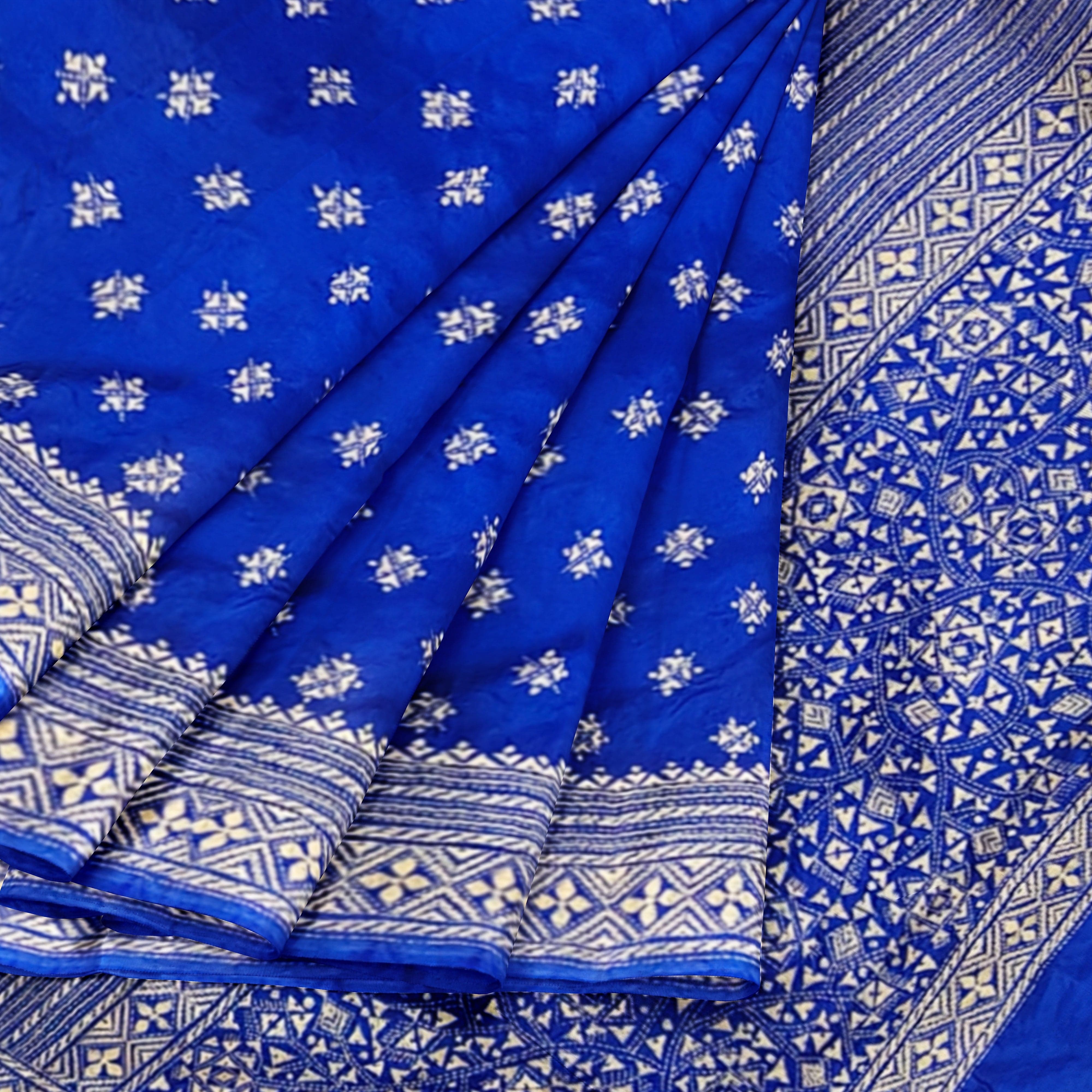Divasutra Royal Blue Mulberry Silk Kantha Saree