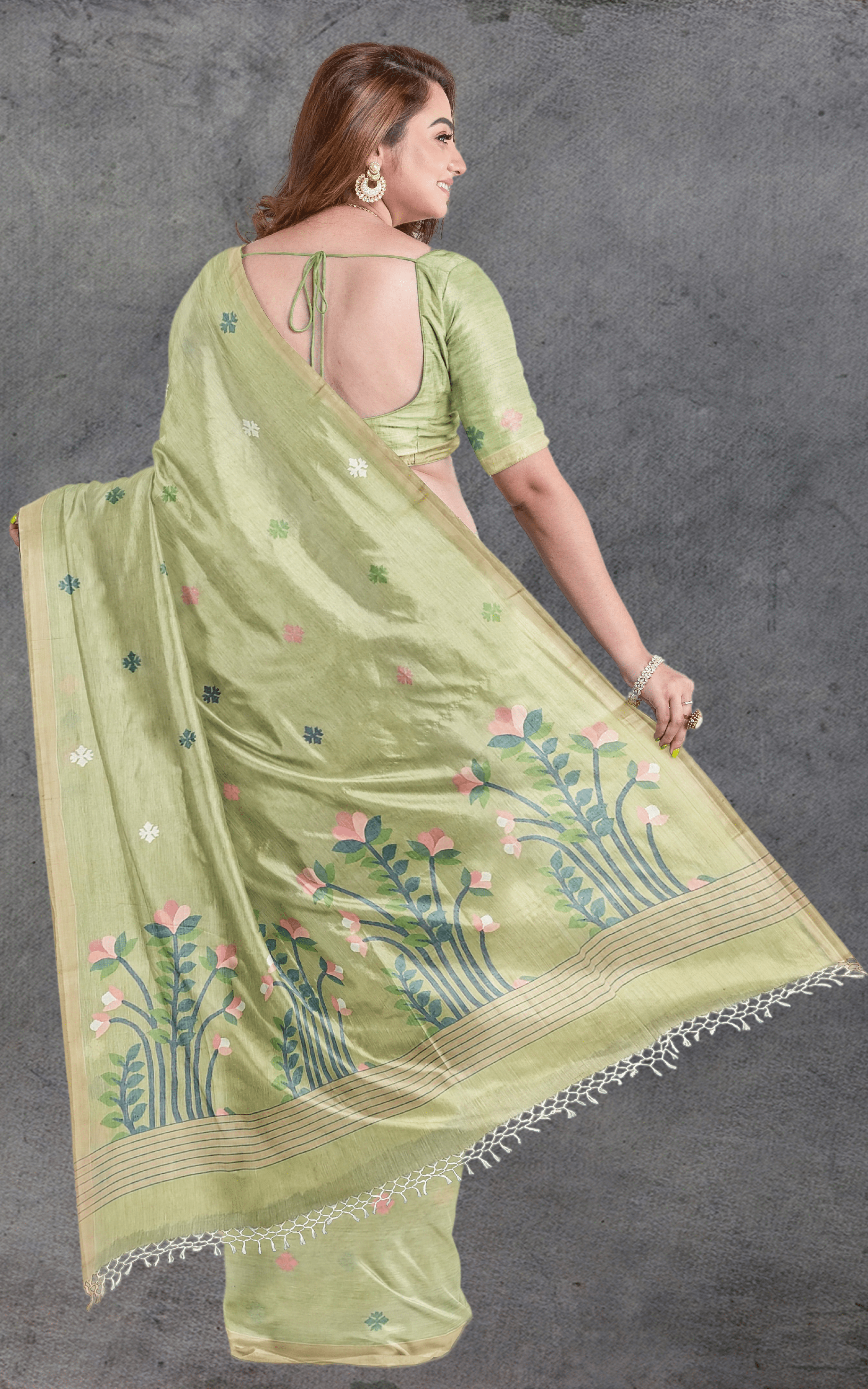 Divasutra Sage Green Cotton Jamdani Saree