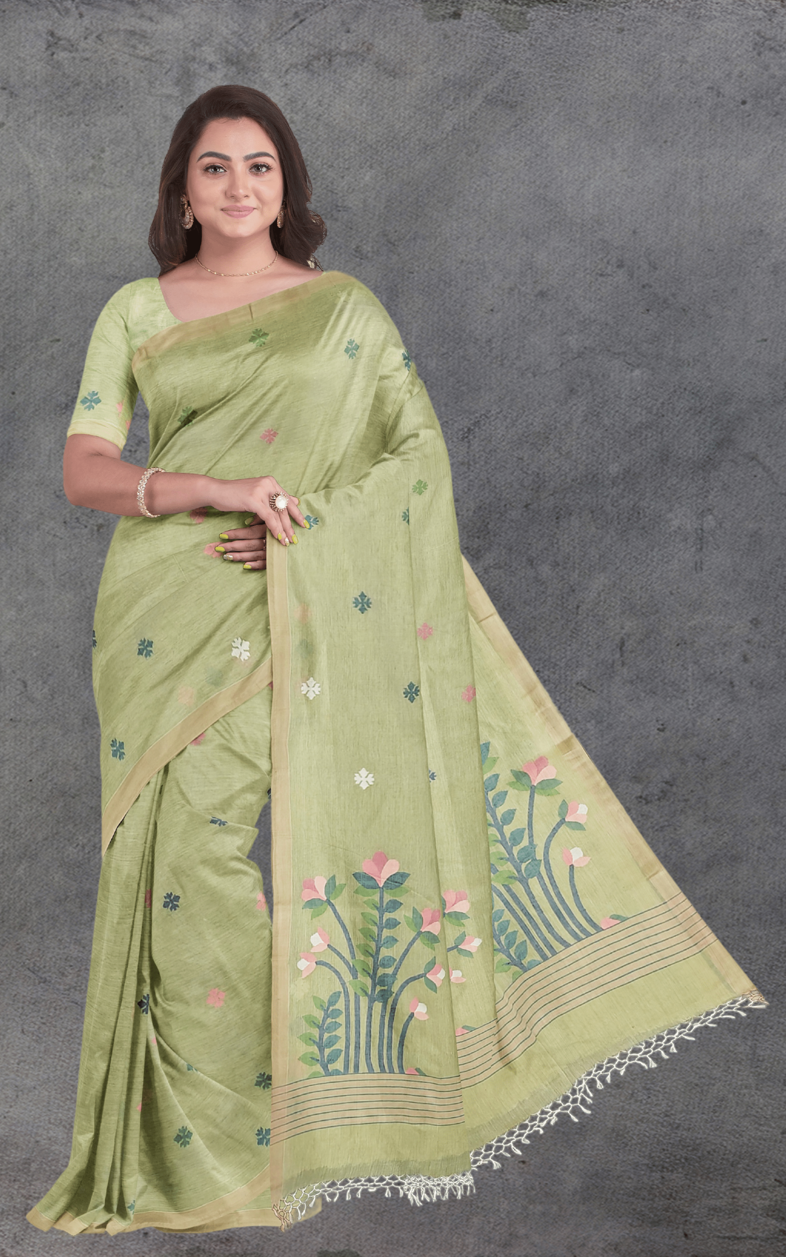 Divasutra Sage Green Cotton Jamdani Saree