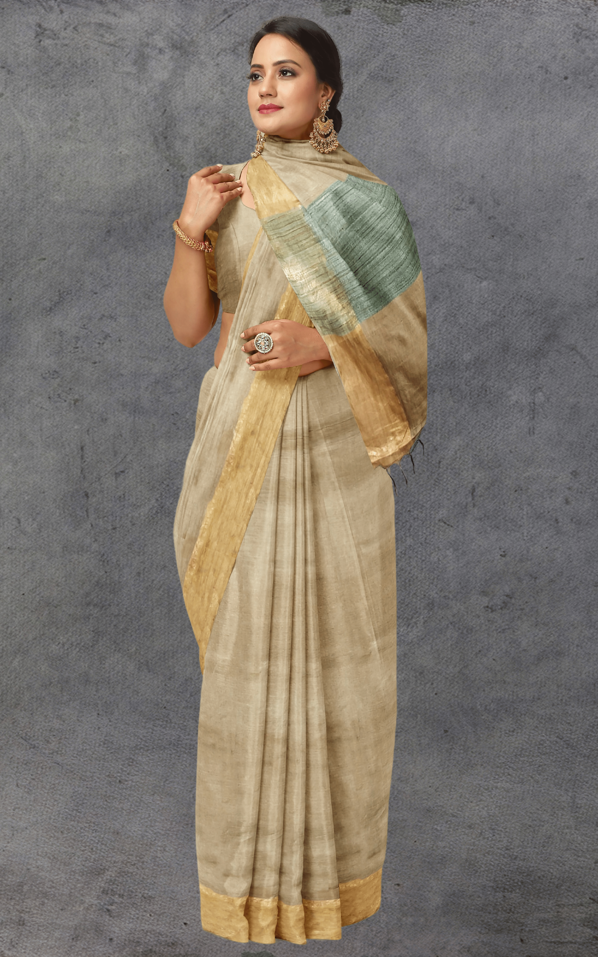 Divasutra Sandy Beige and Green Tussar Silk Saree