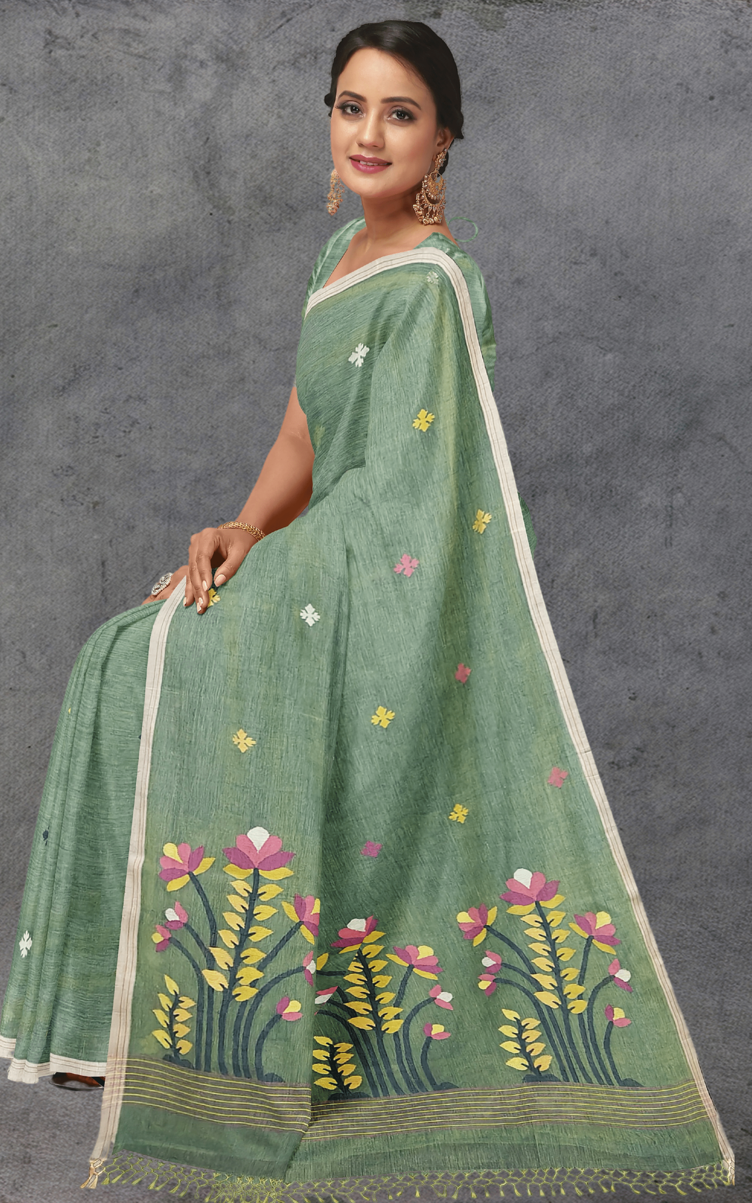 Divasutra Spanish Green Dual Tone Cotton Jamdani Saree