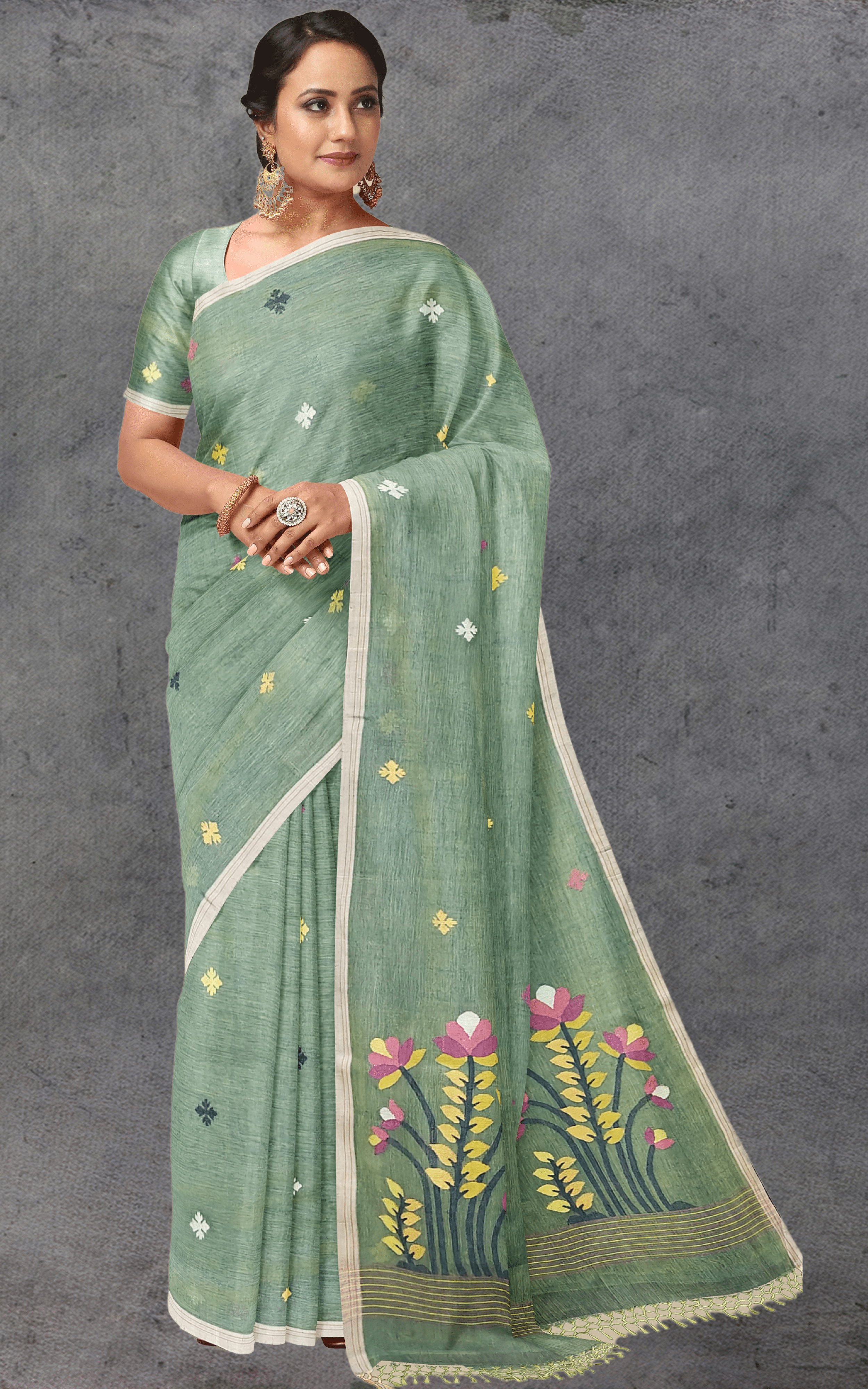 Divasutra Spanish Green Dual Tone Cotton Jamdani Saree