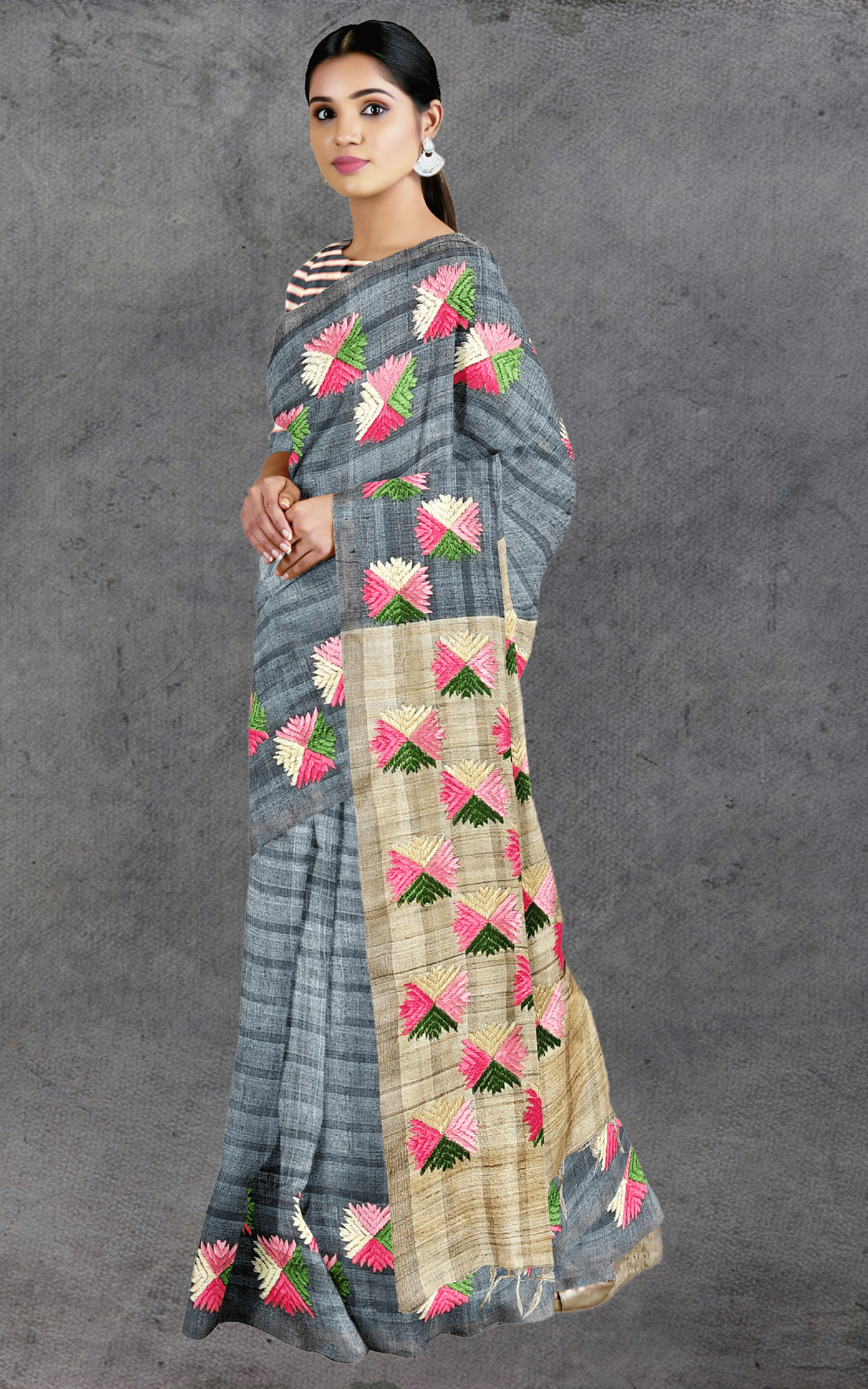 Divasutra Steel Grey and Beige Tussar Silk Phulkari Saree