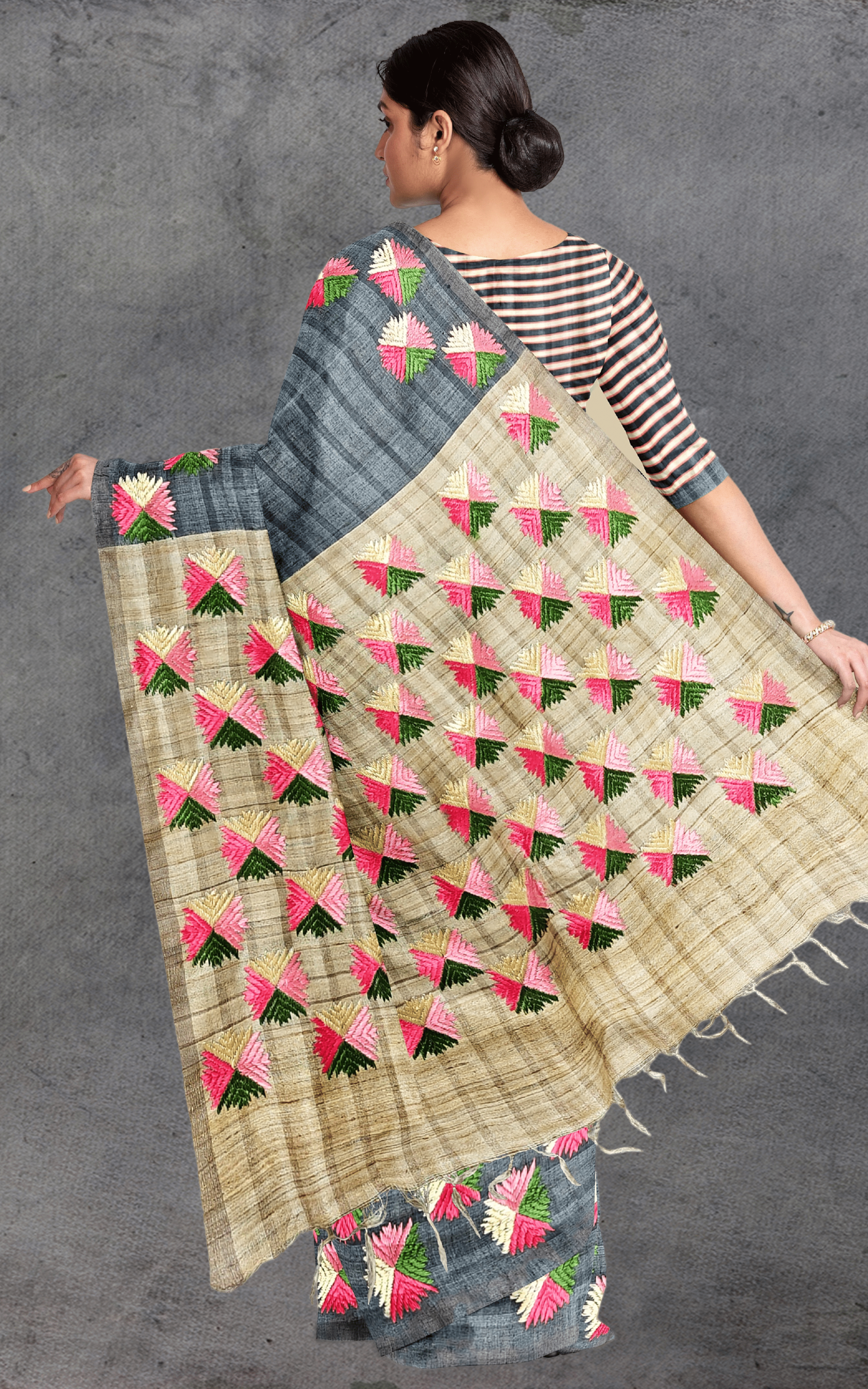 Divasutra Steel Grey and Beige Tussar Silk Phulkari Saree