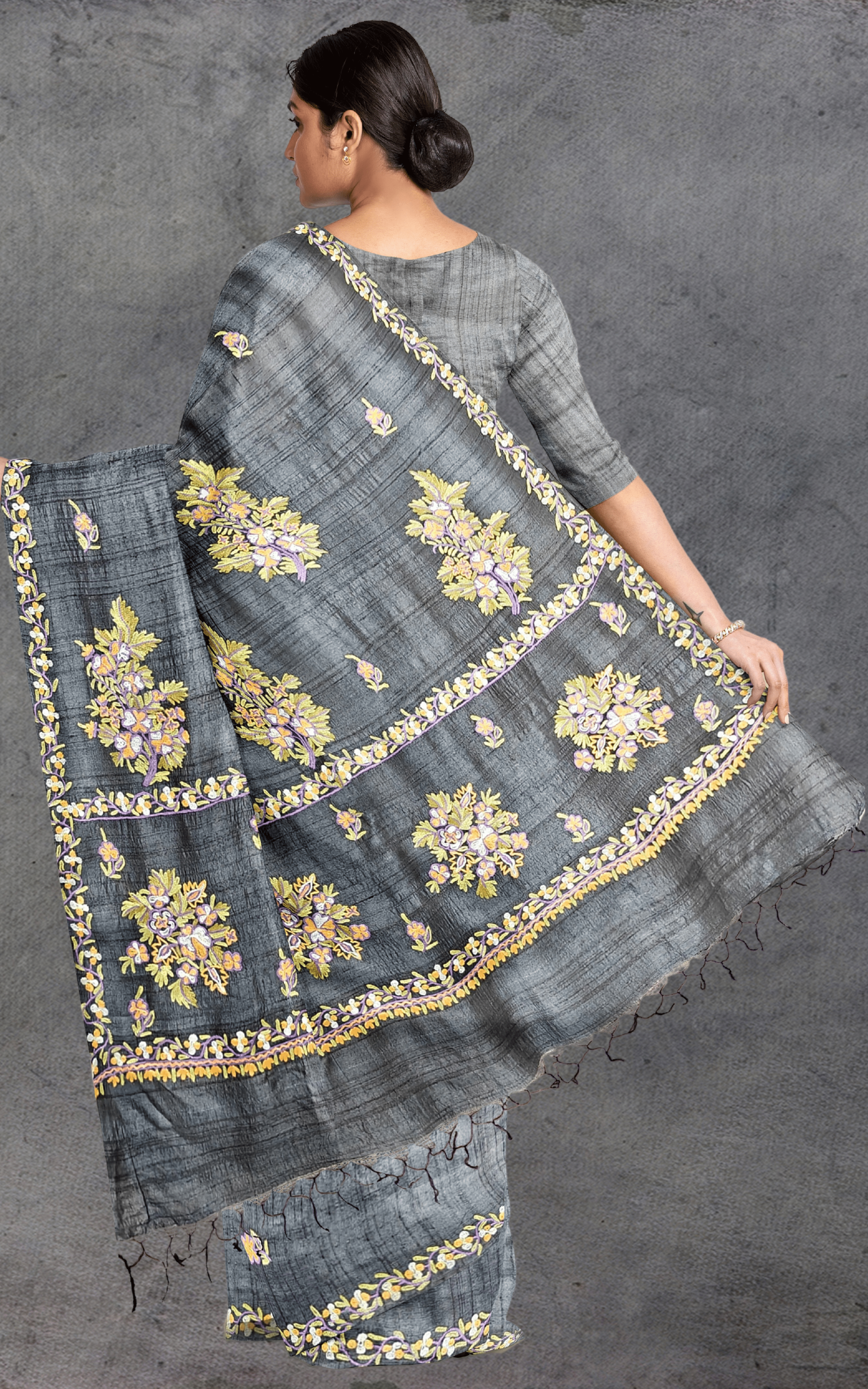 Divasutra Steel Grey Tussar Silk Aari Saree