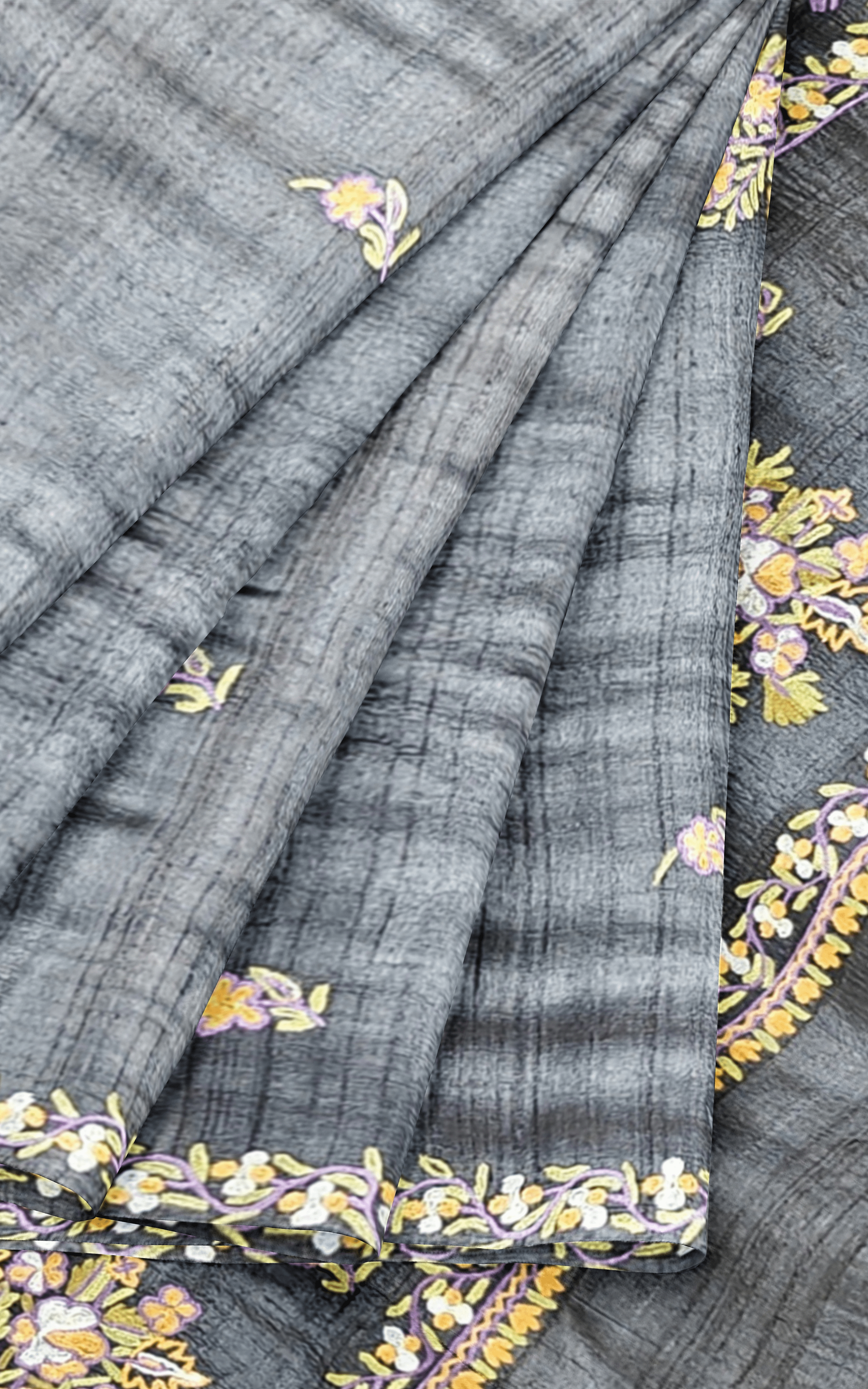 Divasutra Steel Grey Tussar Silk Aari Saree