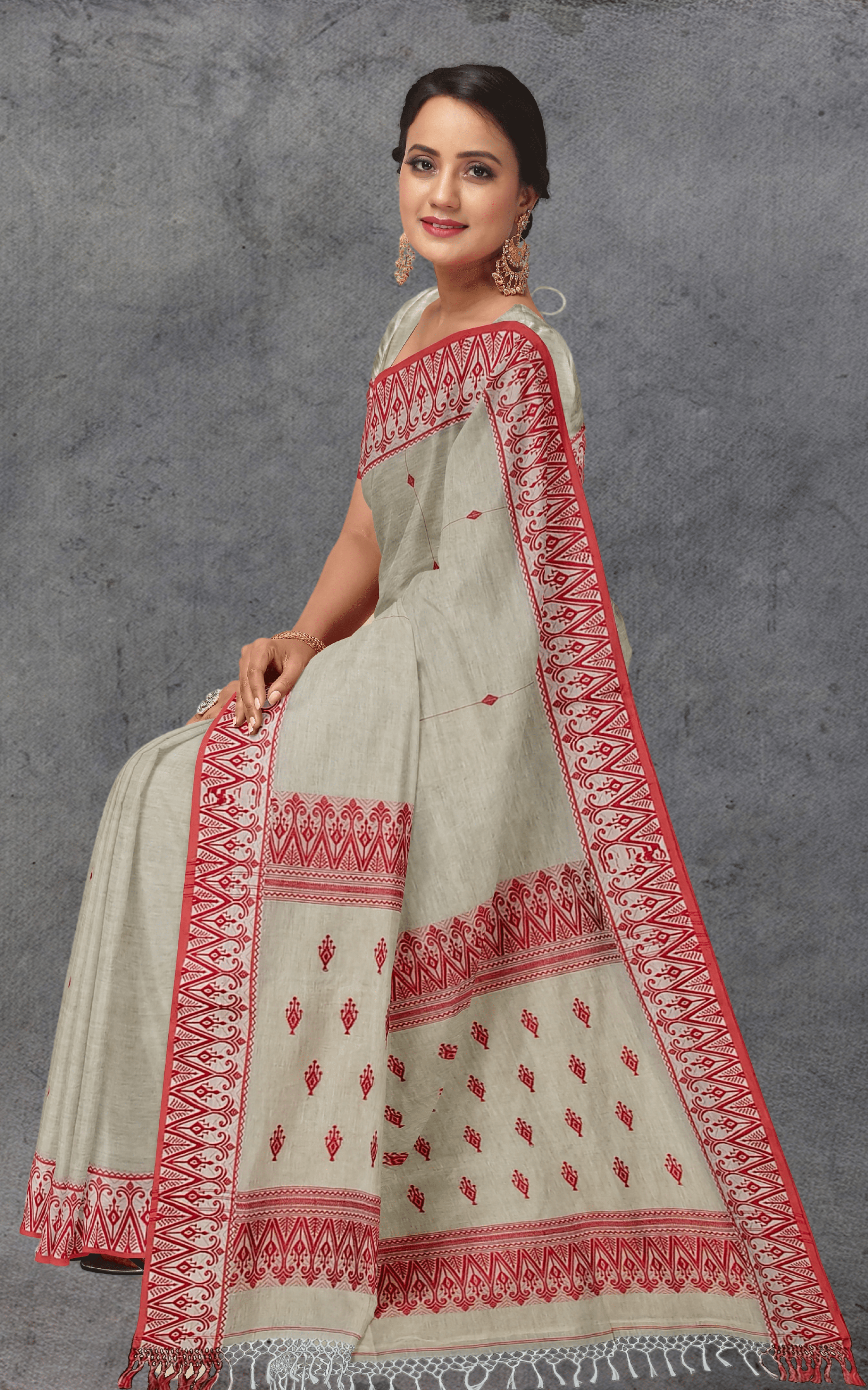 Divasutra Beige and Red Cotton Jacquard Saree