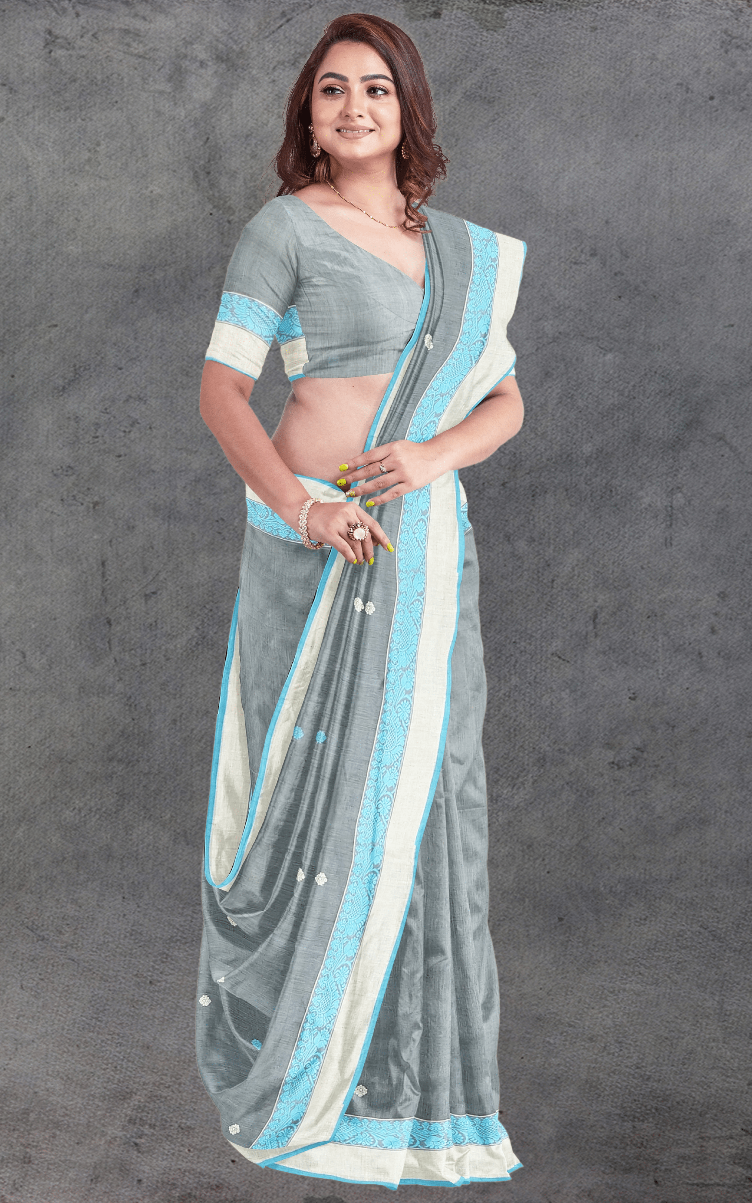 Divasutra Grey with Turquoise and White Cotton Saree